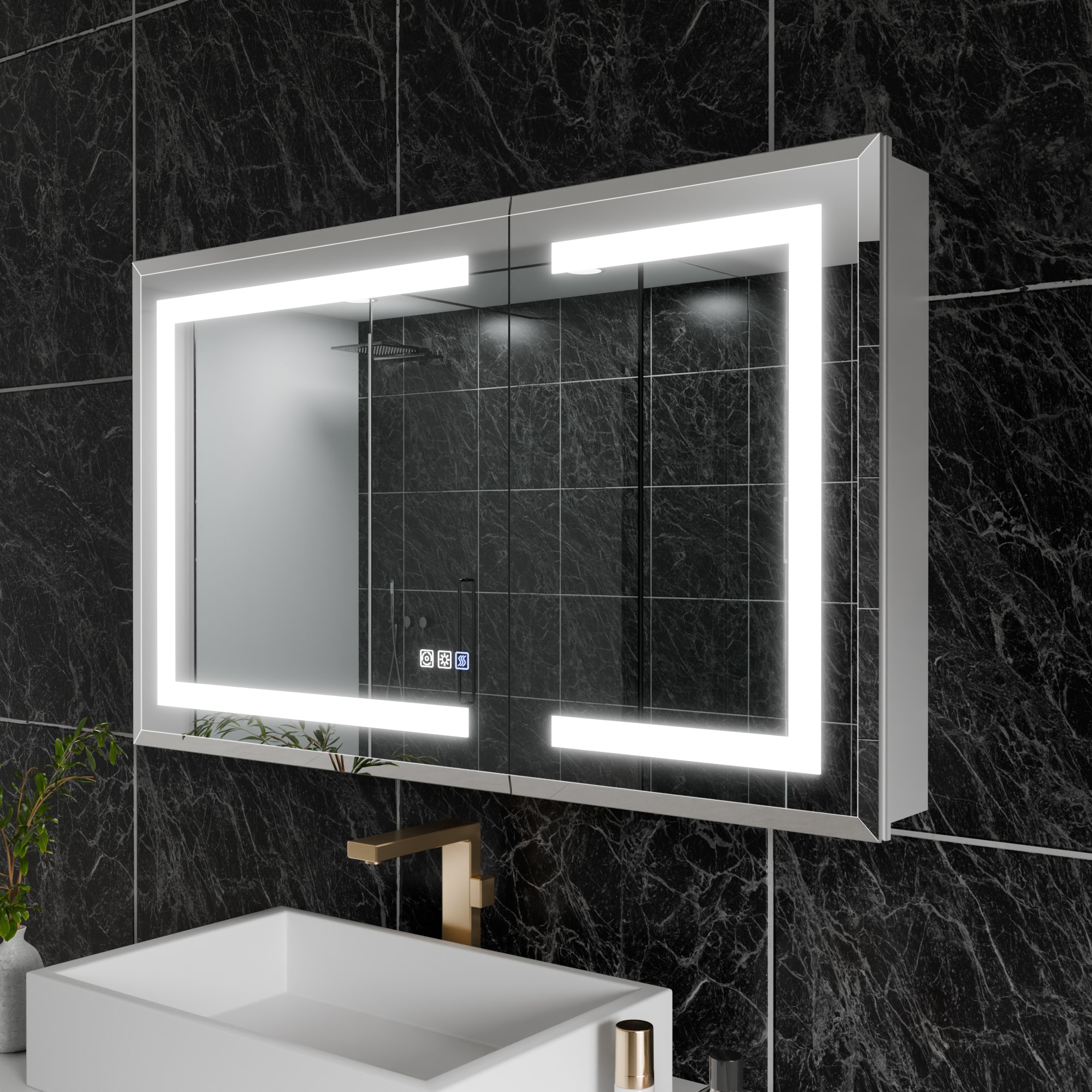 AAZJ JDEX-V16MED4024 HS Beveled LED Medicine Cabinet 40-in x 24-in Lighted LED Fog Free Surface/Recessed Mount Silver Mirrored Rectangle Soft Close Medicine Cabinet