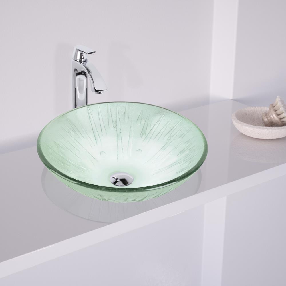 VIGO VGT132 Glass sink set with matching vessel faucet Clear Tempered Glass Vessel Round Bathroom Sink with Faucet Drain Included (16.5-in x 16.5-in)