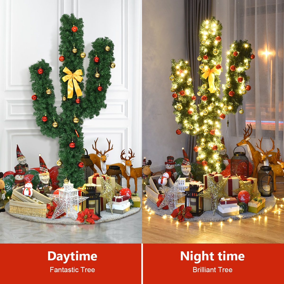 6-Foot Pre-Lit Green PVC Cactus Christmas Tree with LED Lights and Ornaments