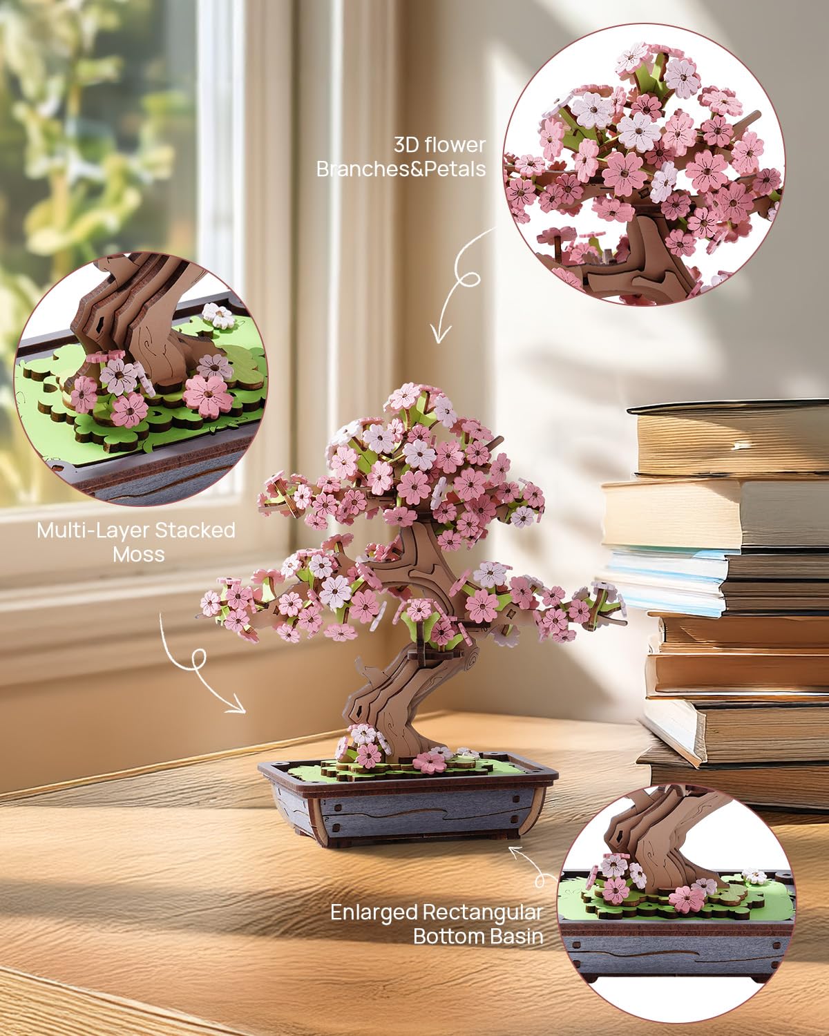 Etokfoks 263 Piece DIY Sakura Bonsai Tree 3D Wooden Puzzle for