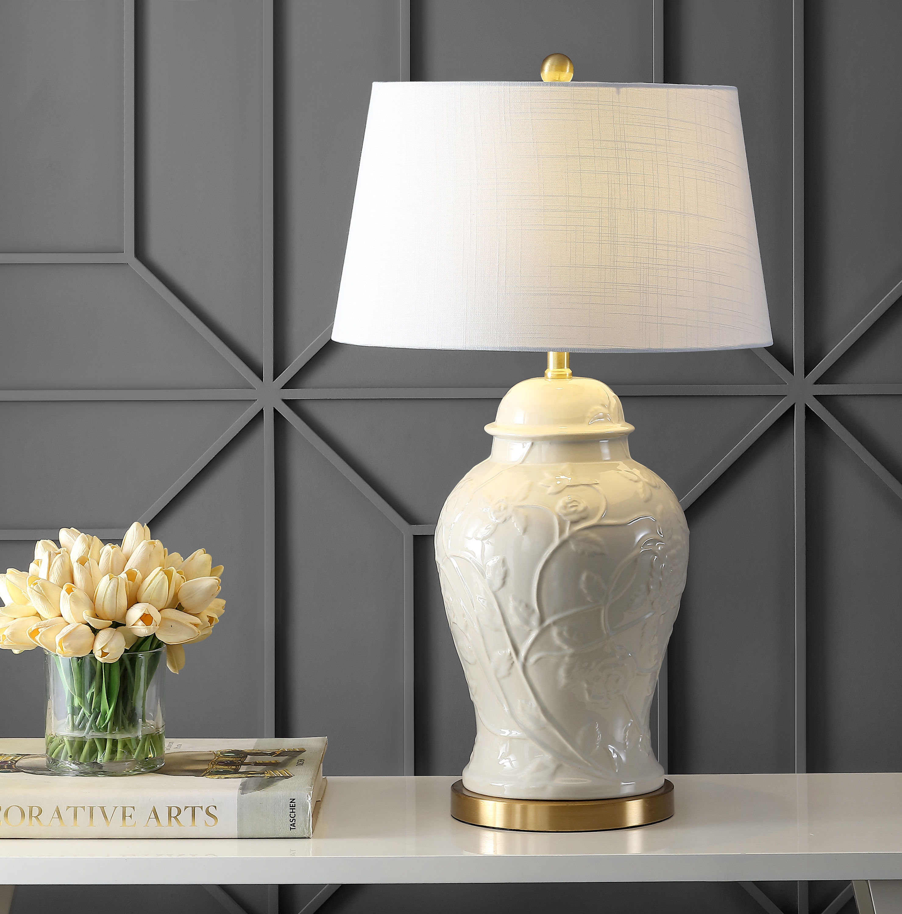 JONATHAN  Y JYL6604A Naiyou Chinoiserie Classic Traditional Botanical Ceramic 29.5-in Brass Gold LED Rotary socket Table Lamp with Linen Shade