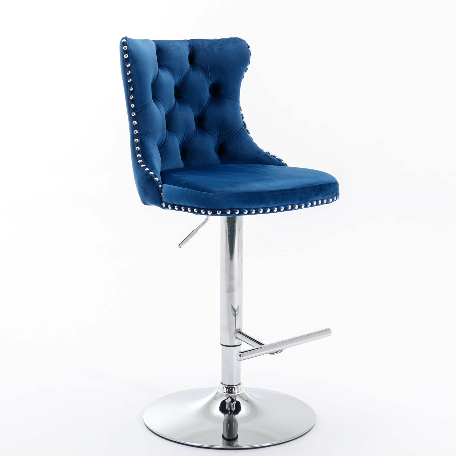 Vynxaria LEXY1955-DJCF-BTY003 Blue Velvet Tufted Chrome Base Swivel Bar Stool Set of 2 Adjustable Height 25-33in