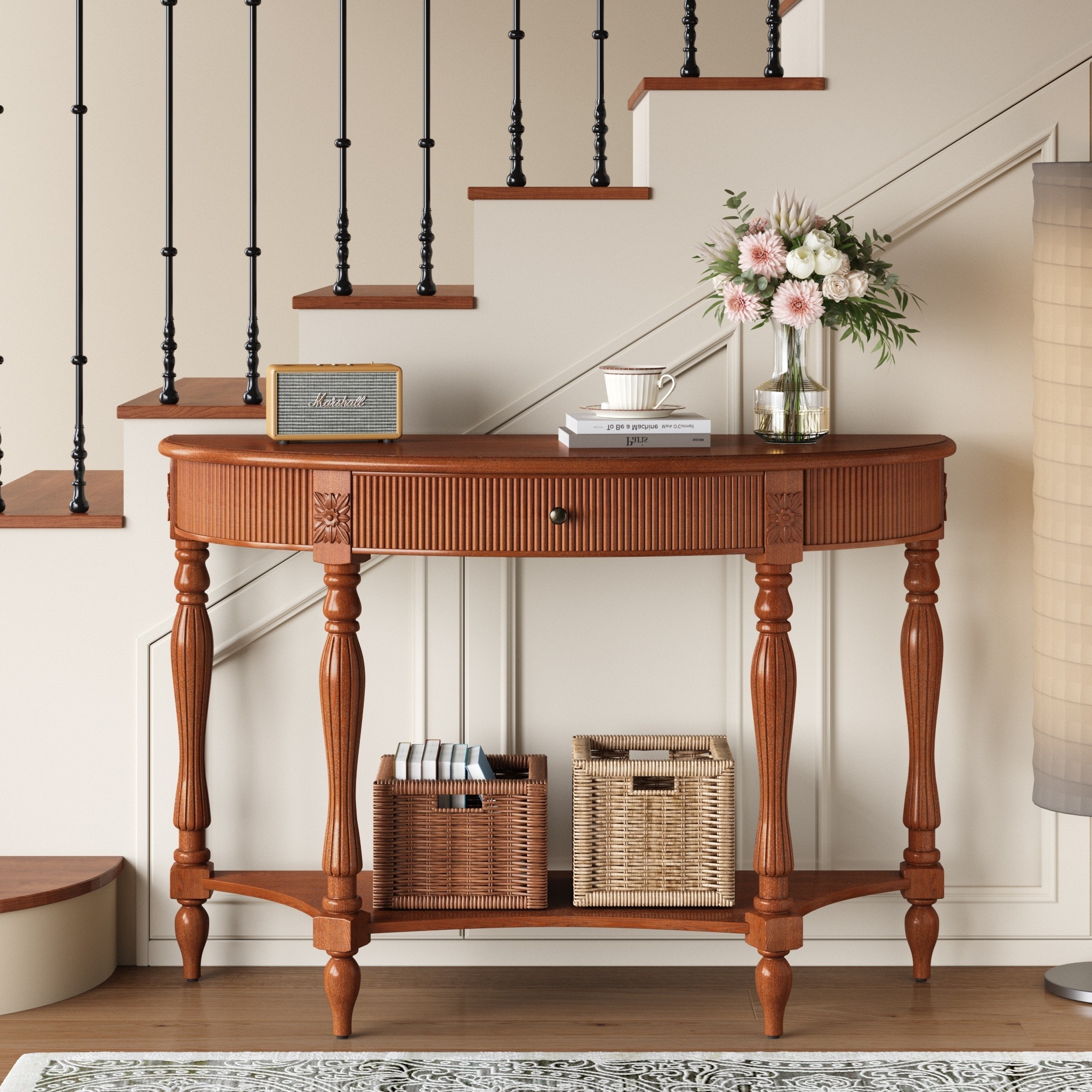Horizons Prime Rustic Brown Solid Wood Half Moon Console Table with Fluted Drawer and Shelf for Entryway Hallway Living Room Foyer Narrow Space Sofa Table with Roman Column Carved Legs