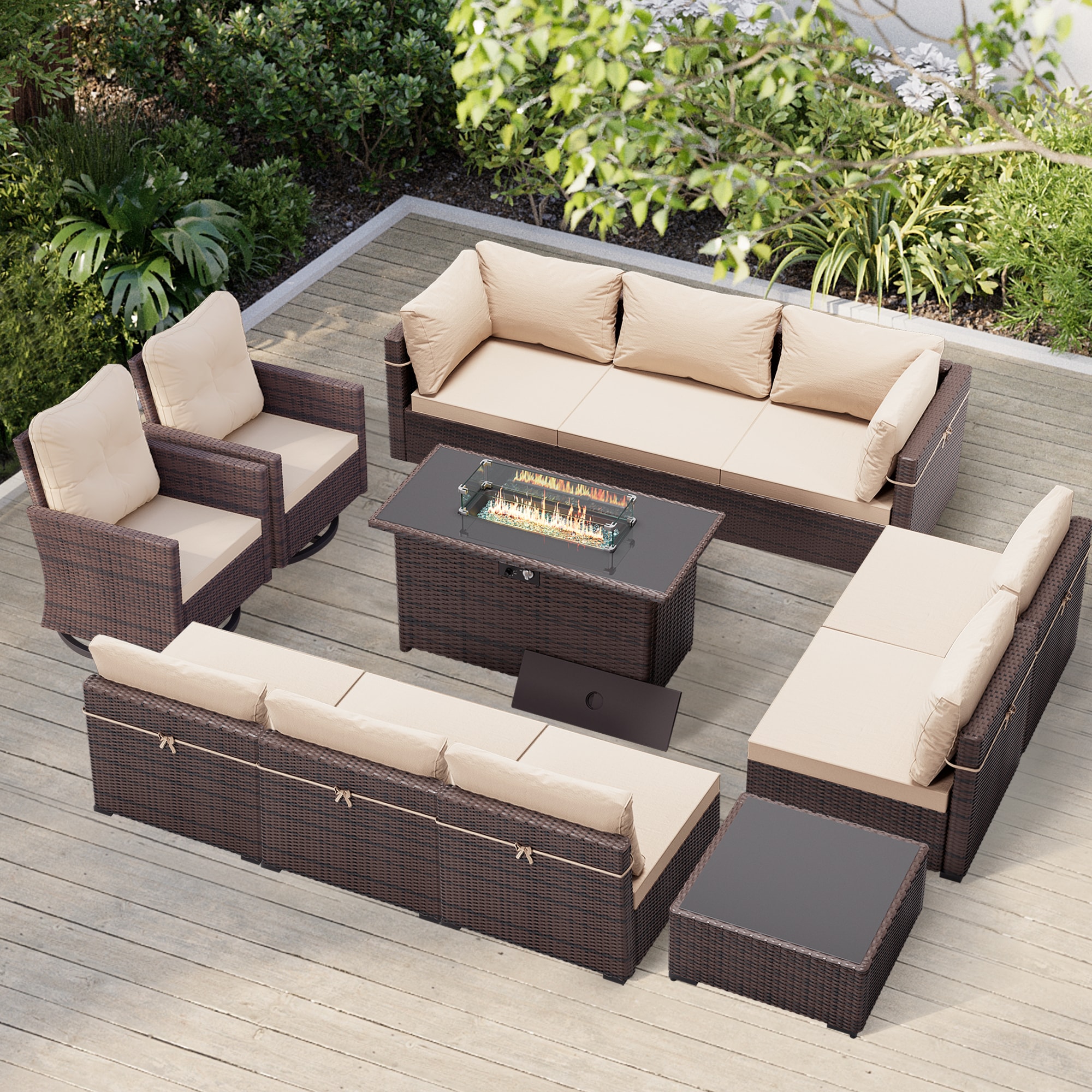 Patio Watcher TBBR-AB2C43Y11-BE 10-Piece Wicker Patio Conversation Set with Off-white Cushions