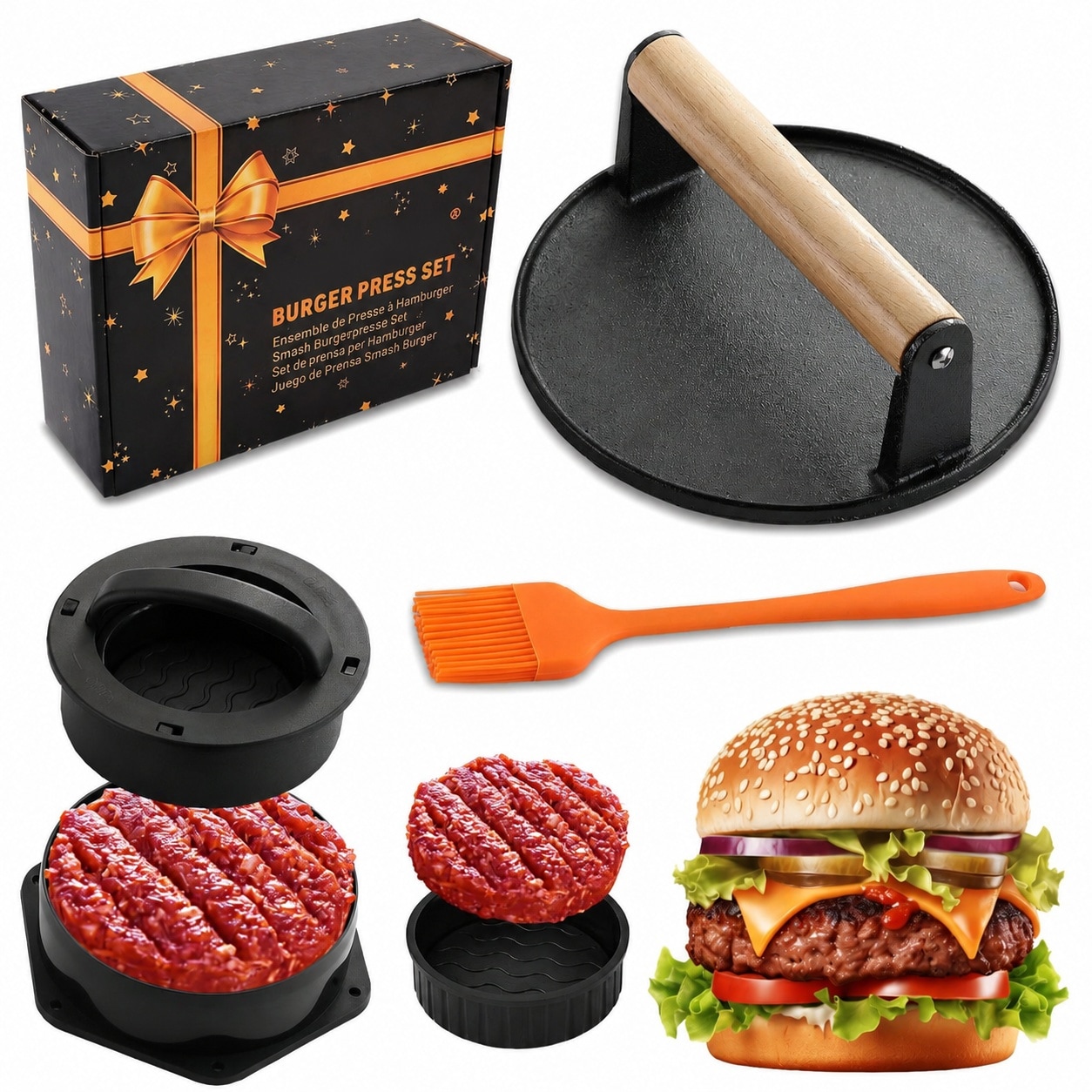 Justincity -  Smash Burger Press Kit 4 in 1 Hamburger Patty Storage Containers Non Stick Cast Iro...