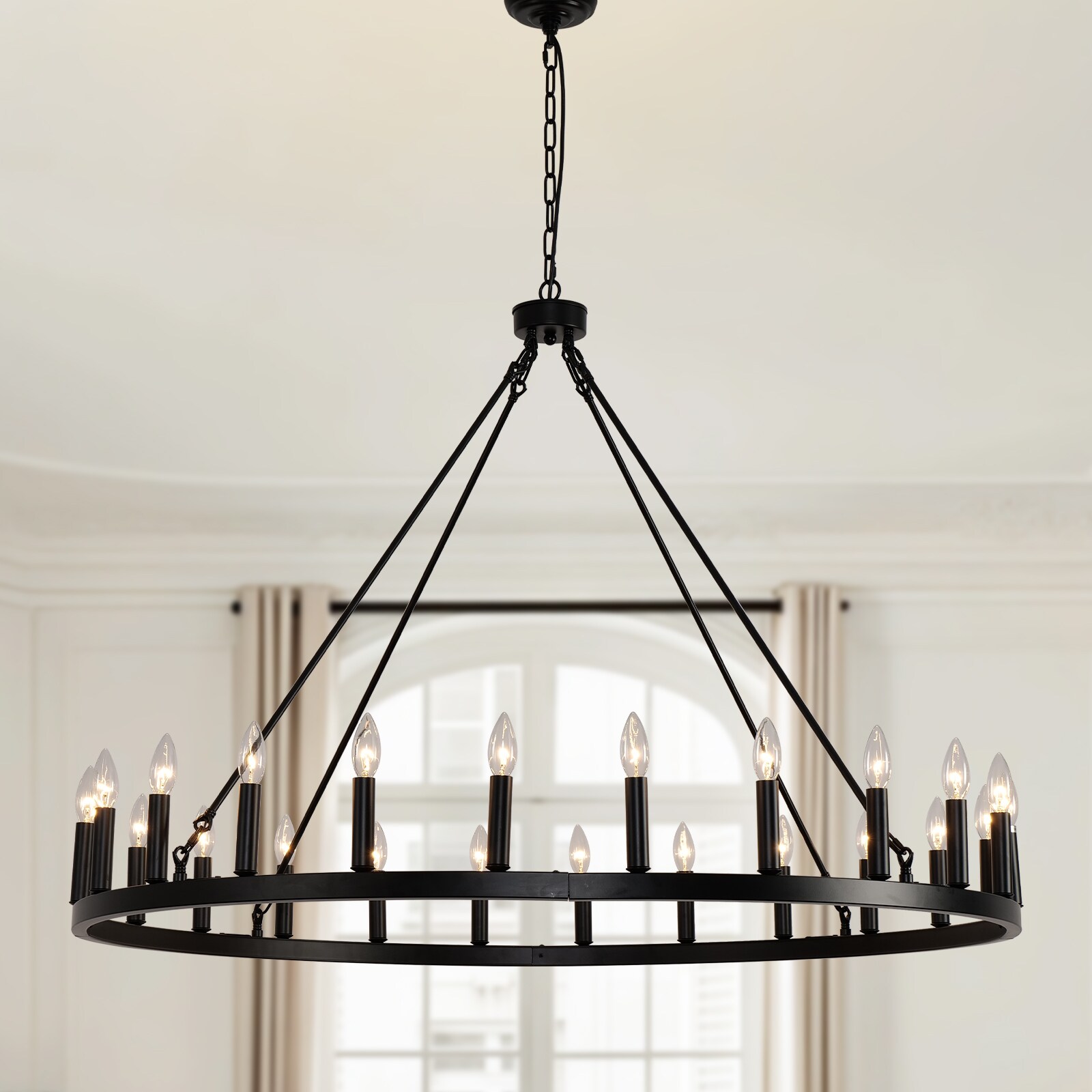 xersbav Farmhouse Candle Large Chandelier Industrial Black Wagon Wheel Chandeliers Modern Round Country Pendant Light Height Adjustable for Dining Room Living Room Staircas