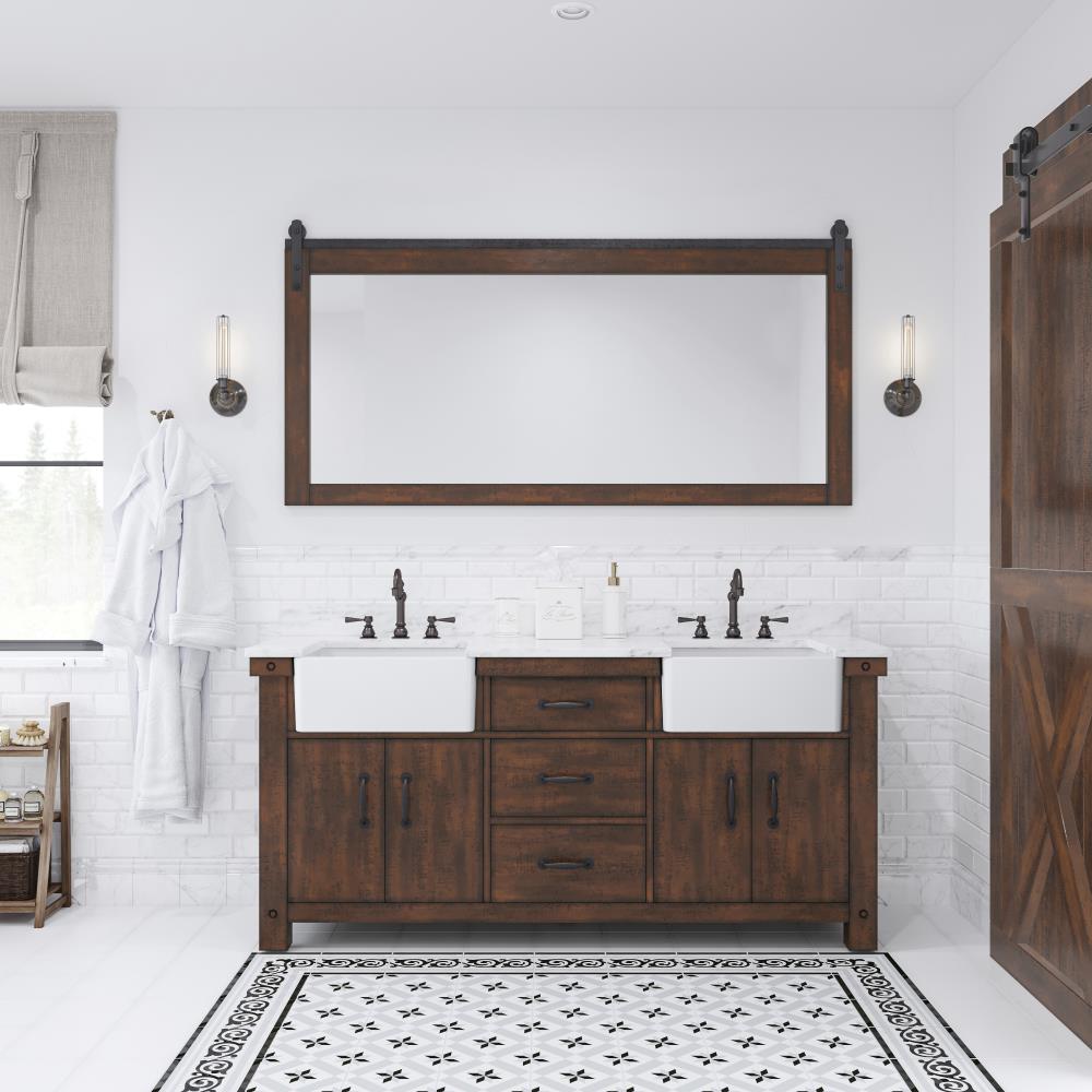 Water Creation PY72CW03RS-P72TL1203 Paisley 72-in Rustic Sienna Undermount Double sink Bathroom Vanity with White Natural marble Top (Mirror Included) (Faucet Included)