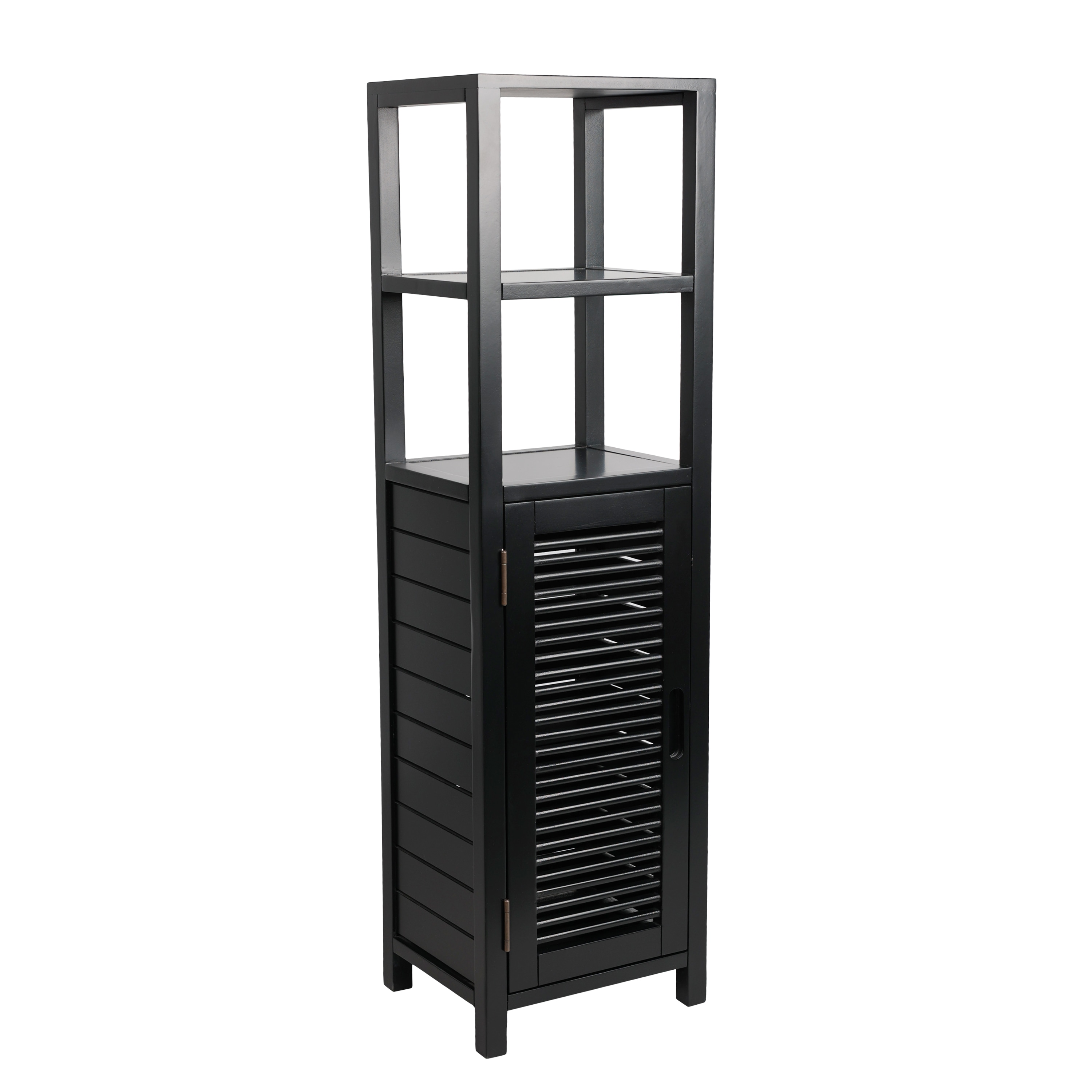 happimess Solstice 47 in. Handcrafted Pine Wood Bathroom Freestanding Floor Bathroom Storage Cabinet with Louvered Door and 3-Tier Open Shelves - Black