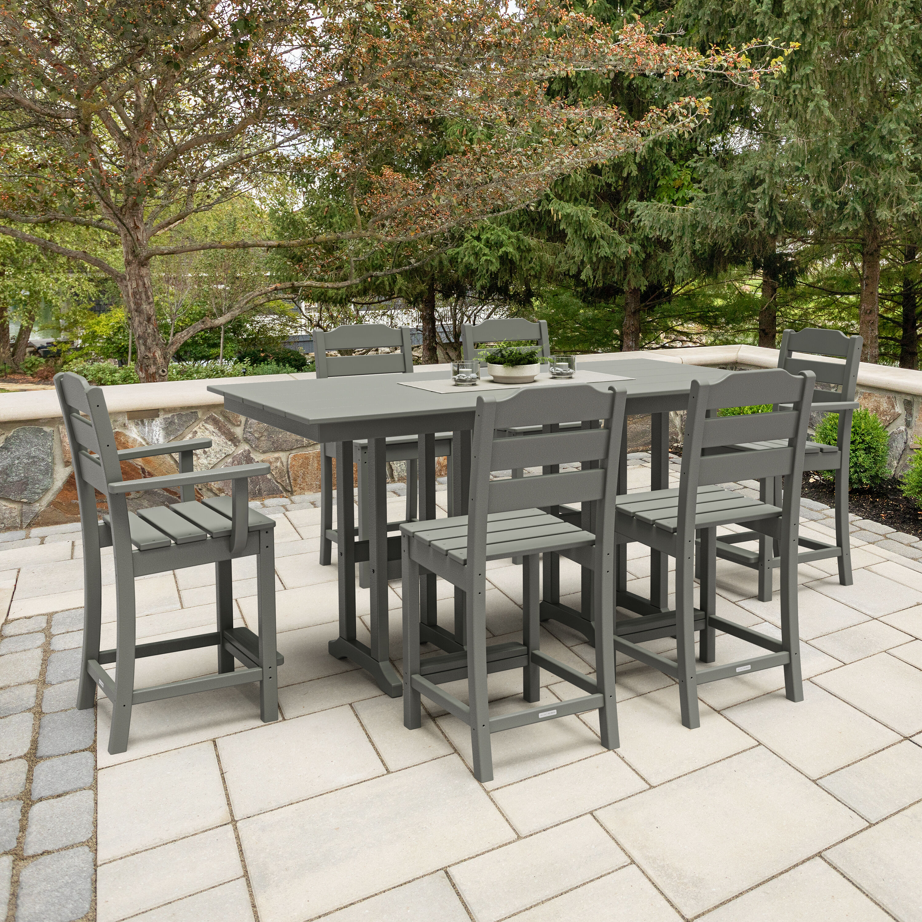 POLYWOOD PWS2537-1-GY Oakport 7 -Piece Slate Grey Balcony Height Patio Dining Set Plastic Rectangle Table with 6 Stationary Chairs
