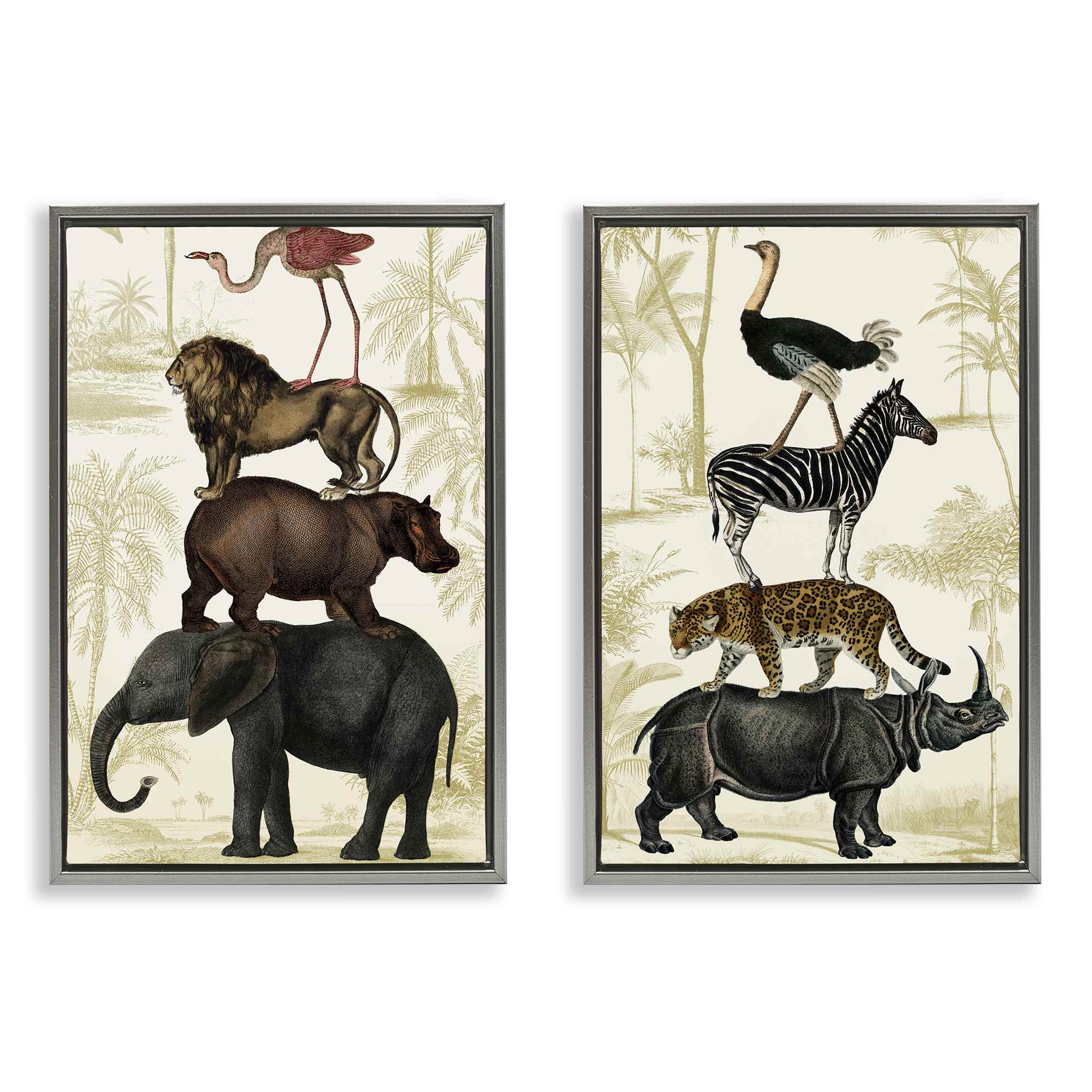 Stupell Industries B2-770-FFL-2PC-16X24 Stacked Safari Animals 2 Piece Gray Framed Floater Canvas Set By Victoria Barnes 17 x 25