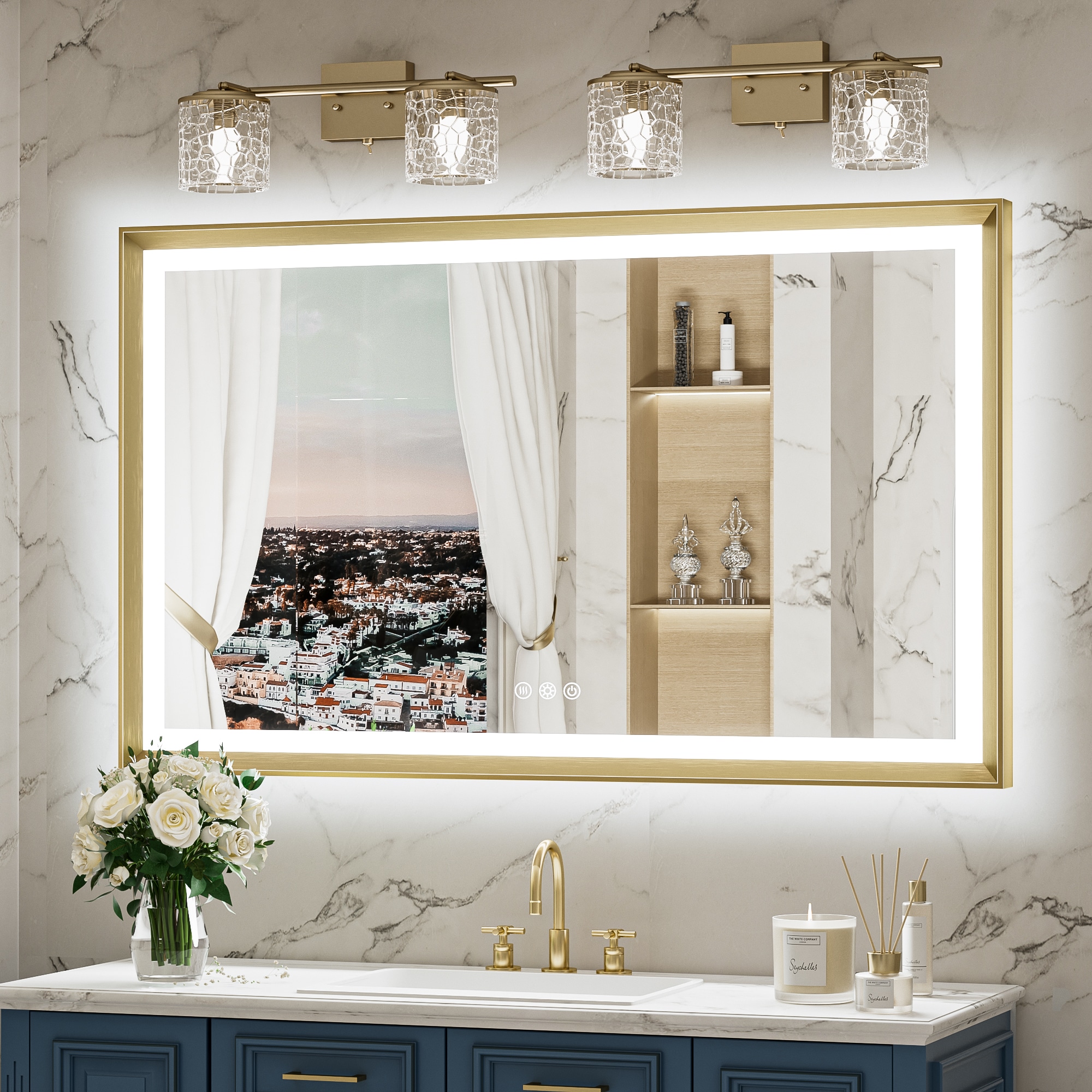 48-in x 30-in Framed Rectangle Dimmable LED Lighted Fog Free Bathroom Vanity Mirror ( Brushed Gold ) | - Keonjinn LW-ZBGSSW-12176GD