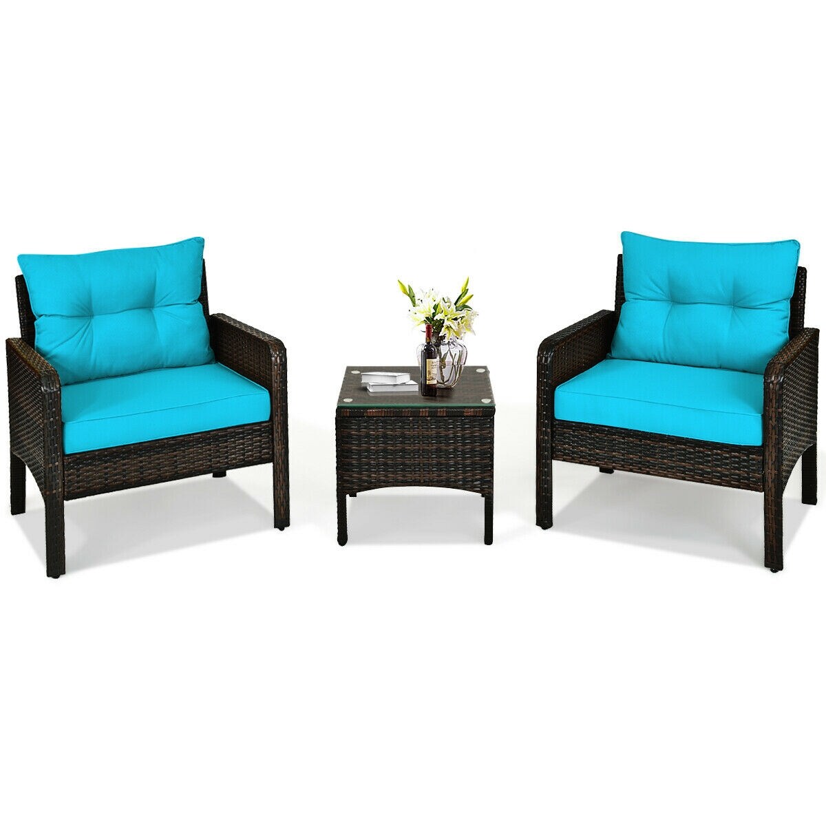 Clihome CWCH-HW63AC760TU 3 -Piece Rattan Patio Conversation Set with Blue Cushions