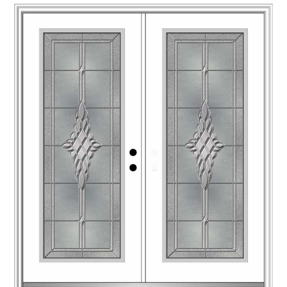 MMI DOOR ZZ3656844L 64-in x 80-in x 6-9/16-in Fiberglass Full lite Left-hand inswing Primed Prehung Double Front Door with Brickmould Insulating core