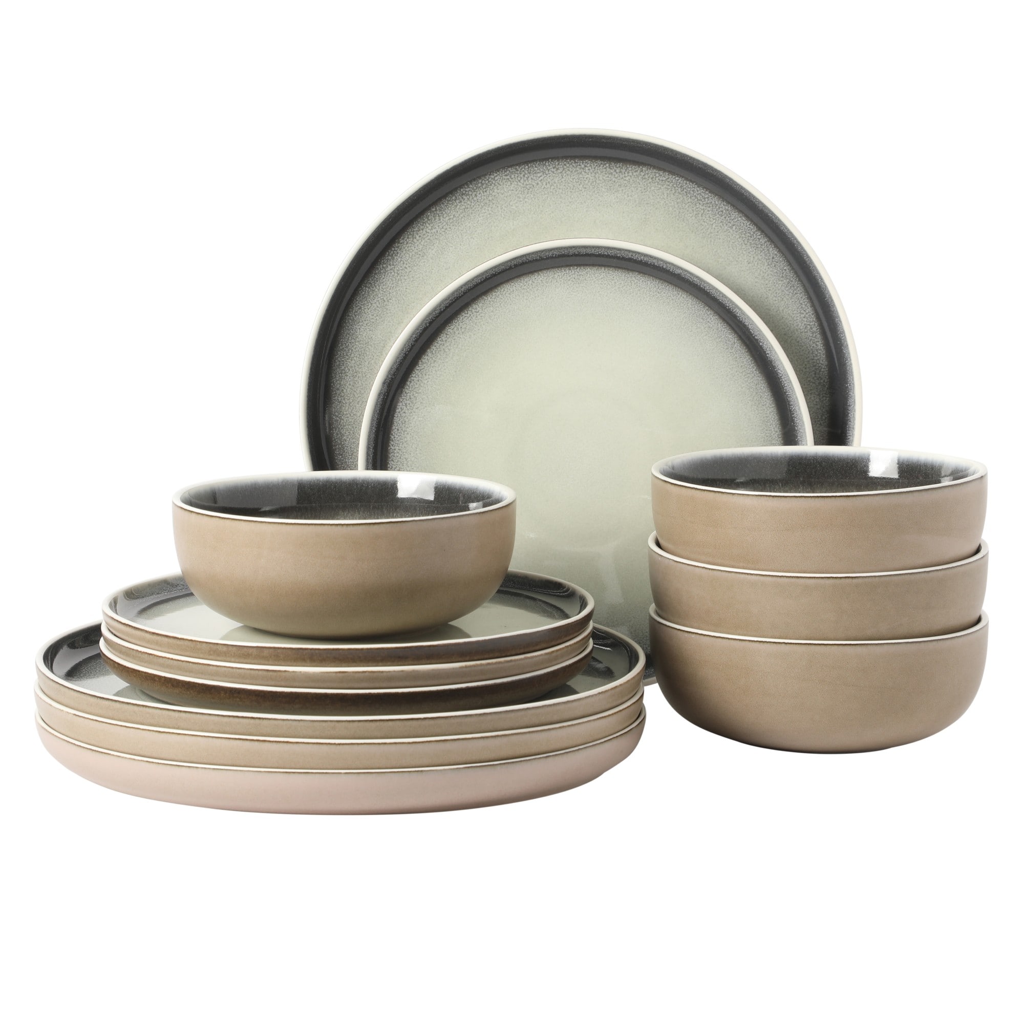 Gibson Elite Island Bay 12 Piece New Bone China Dinnerware Set Service for 4 Reactive Glaze Plates and Bowls Dishwasher and Microwave Safe Black and Cream