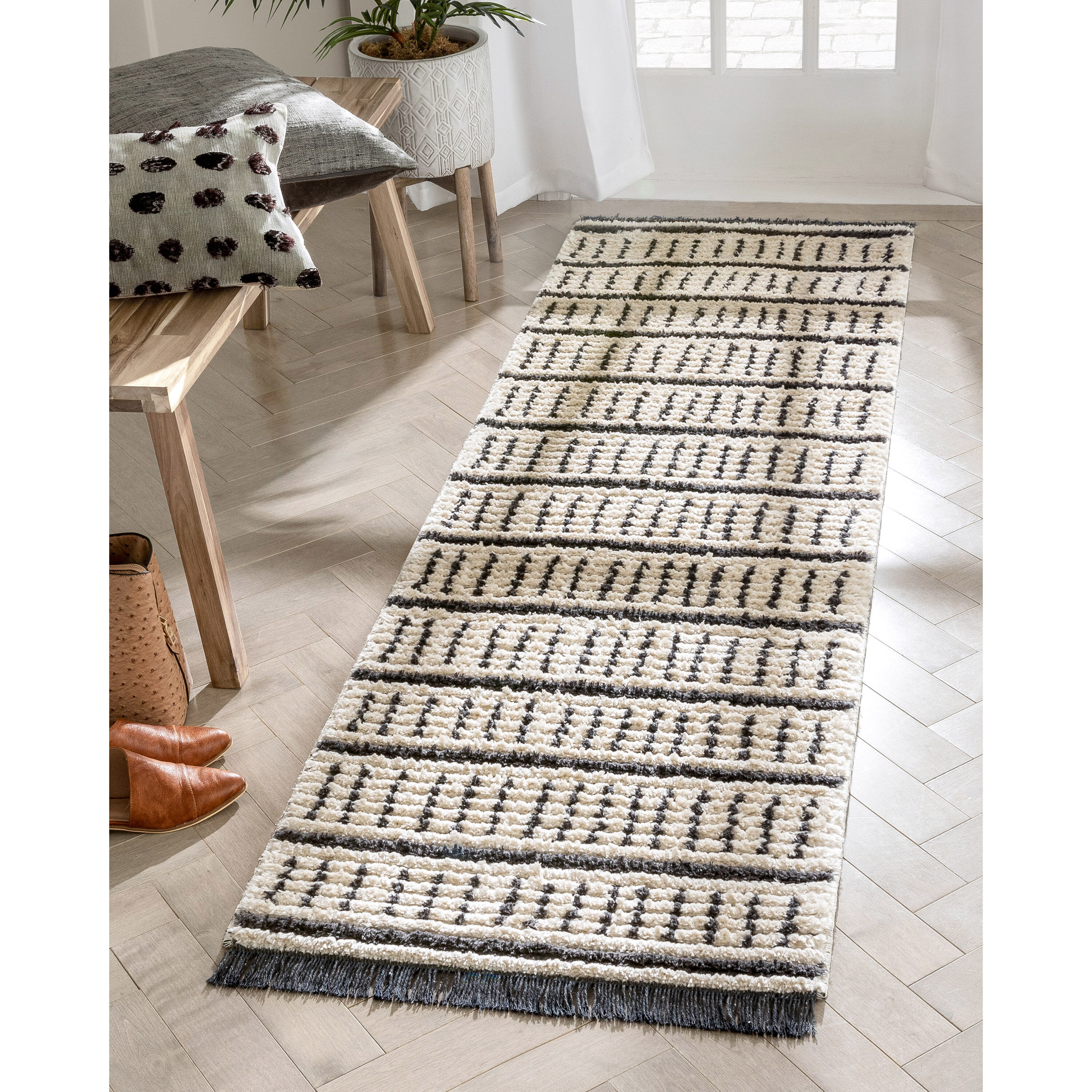 Ivory and Gray Geometric Handmade Synthetic Runner Rug