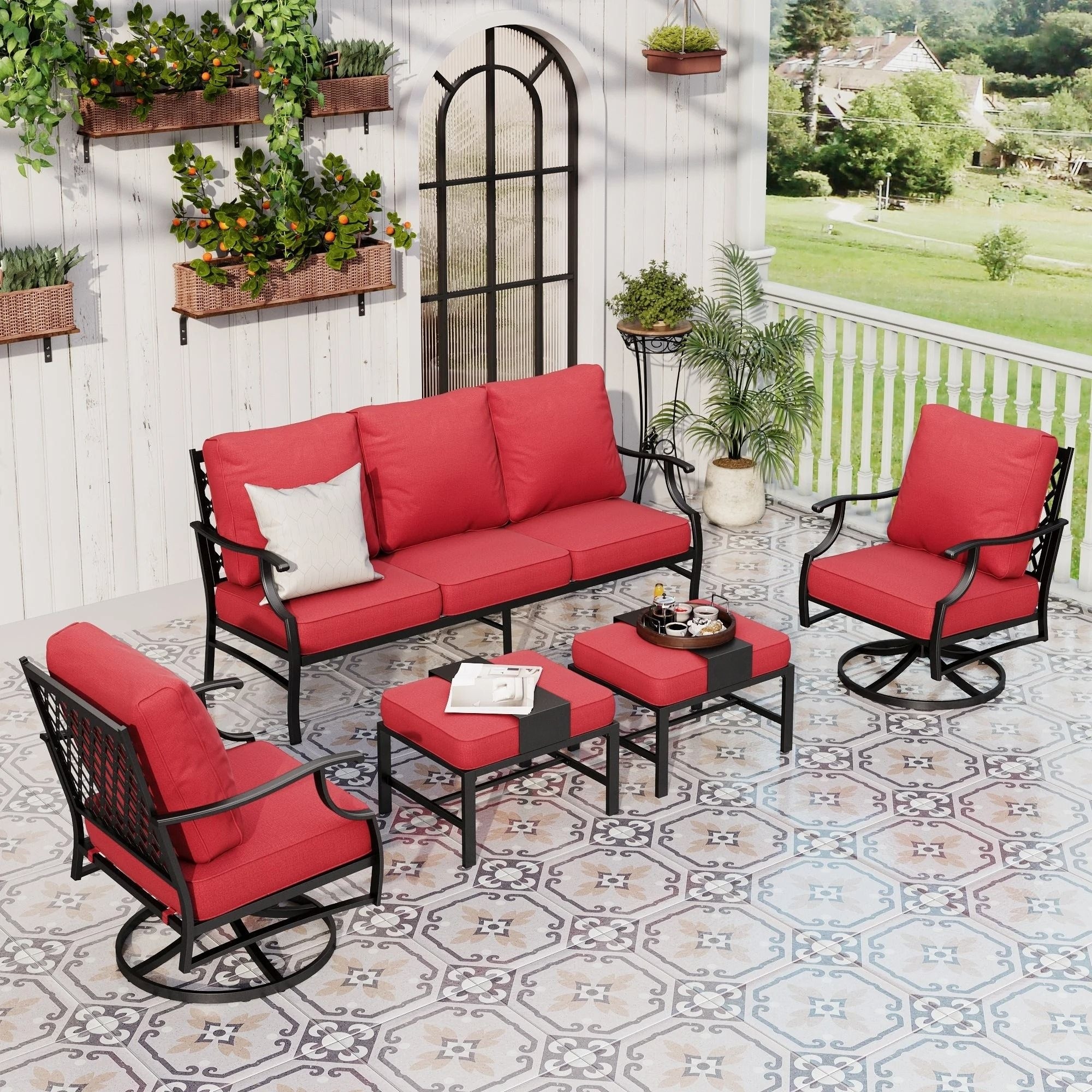 Sunshine Valley CP003-08-5-RD Patio Conversation Sets 5 -Piece Patio Sofa Conversation Set with Red CUSHION PRO Cushions