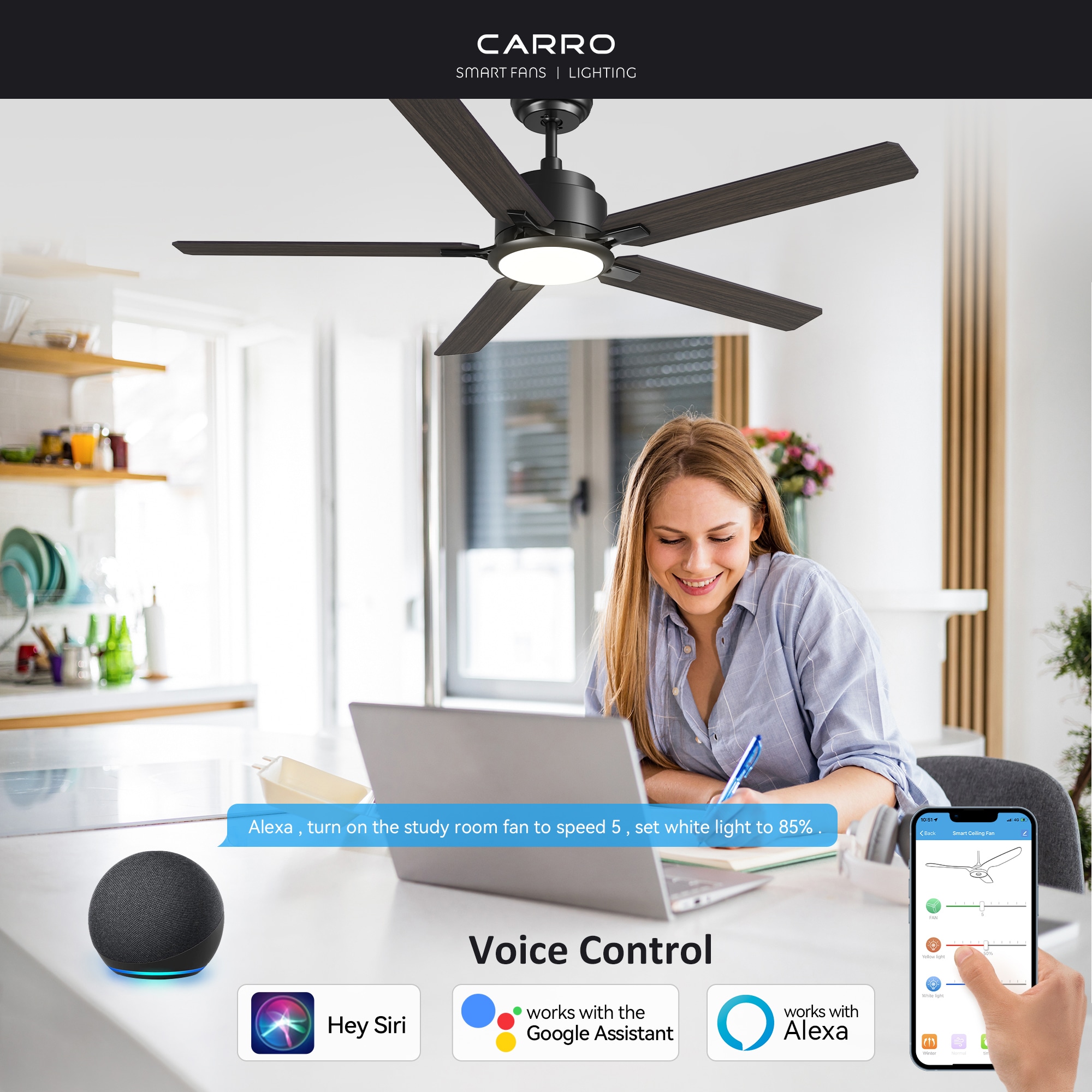 CARRO USA Essex 52-in Black with Wooden/Walnut Blades Indoor/Outdoor Smart Ceiling Fan with Light and Remote (5-Blade) LS525J-L12-BG-1 Sansujyuku sansujyuku.com