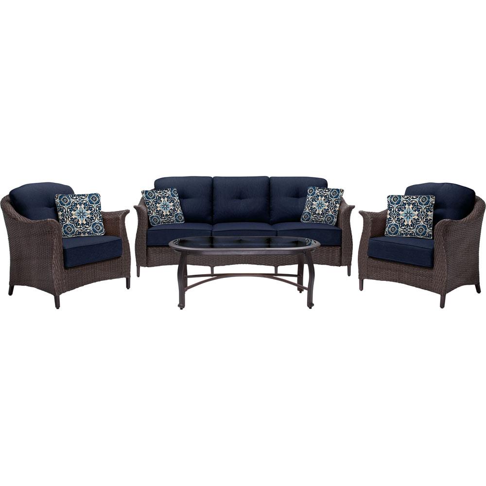 Hanover GRAMERCY4PC-NVY Gramercy 4-Piece Patio Conversation Set with Blue Cushions