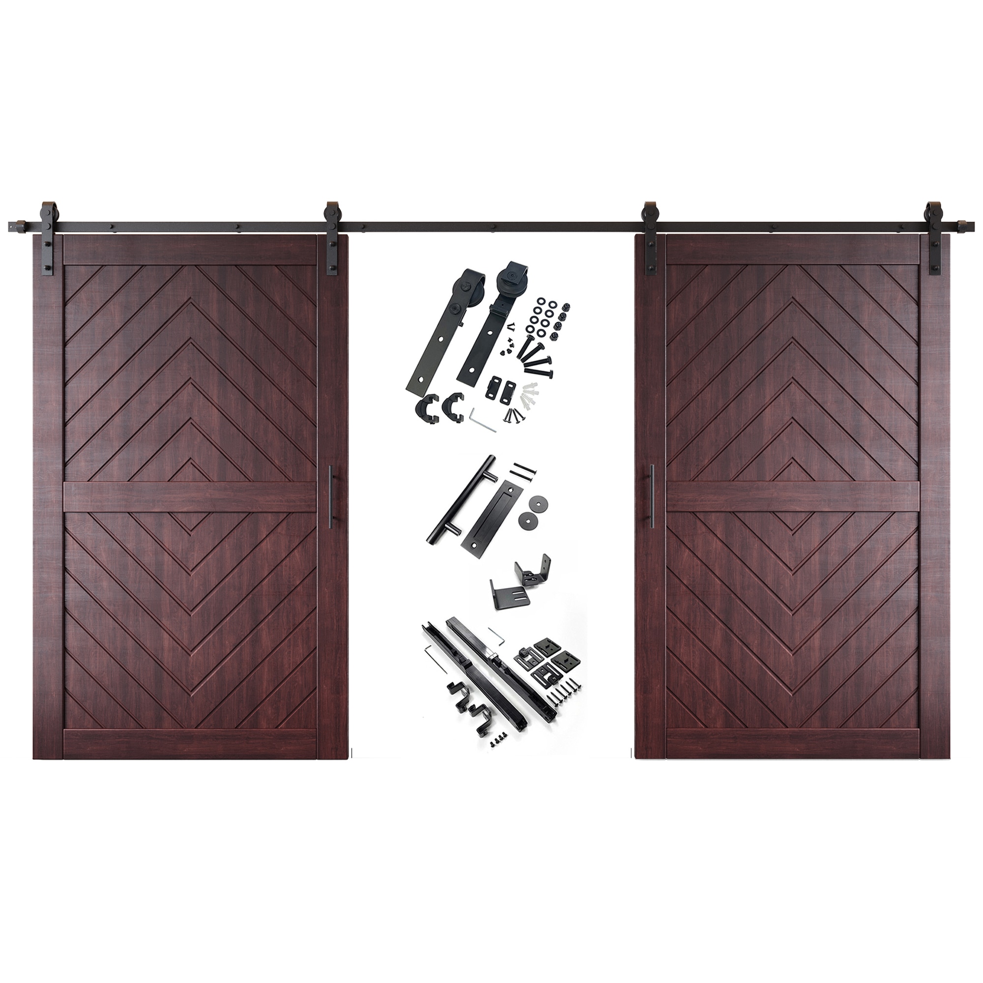 HOMACER YT2H216C-JT2-4880-RD 48-in x 80-in Red Mahogany Herringbone Pine Wood Solid core Double Barn Door (Hardware Included)
