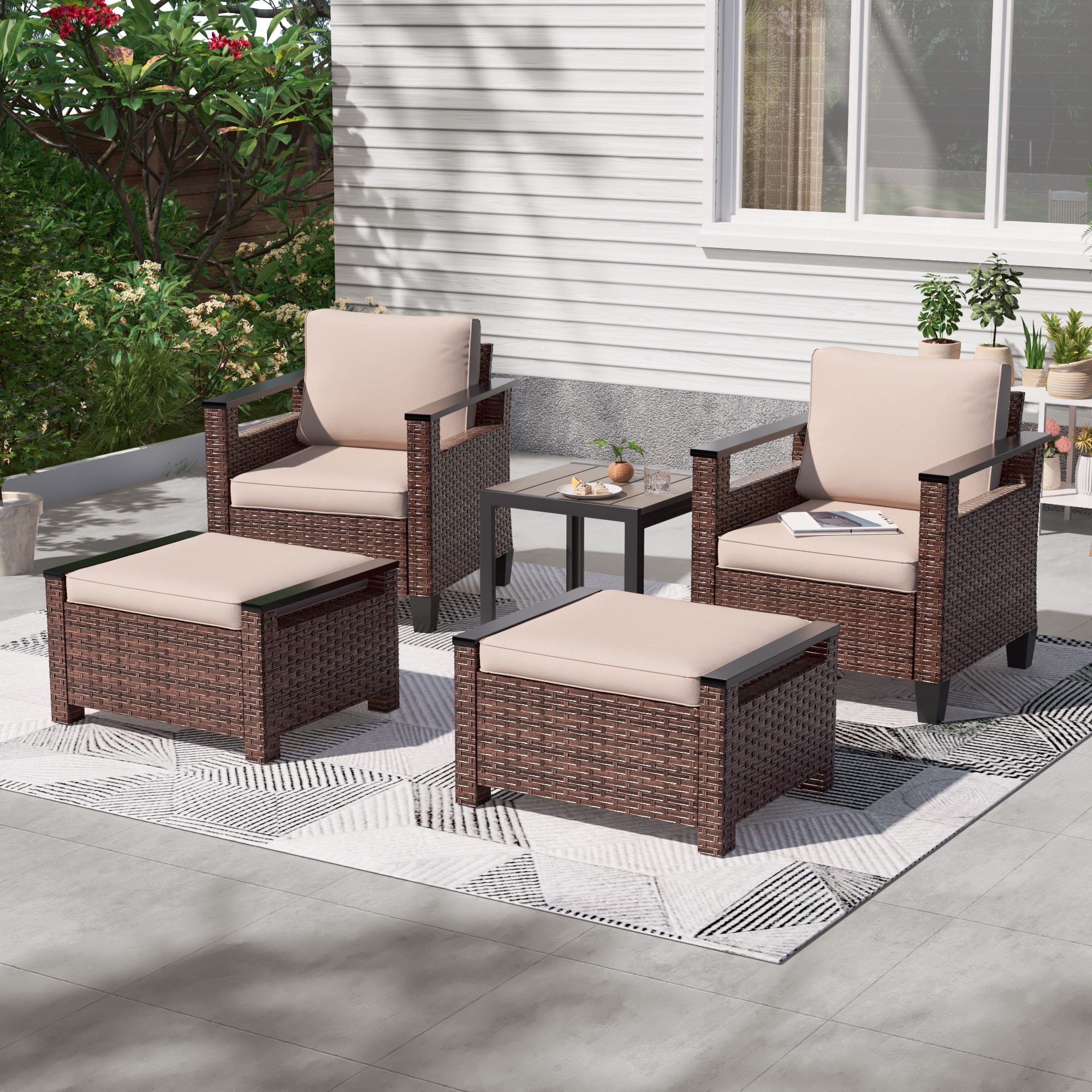 ACEGOSES LW-115BSD Sereno 5-Piece Wicker Patio Conversation Set with Tan Cushions