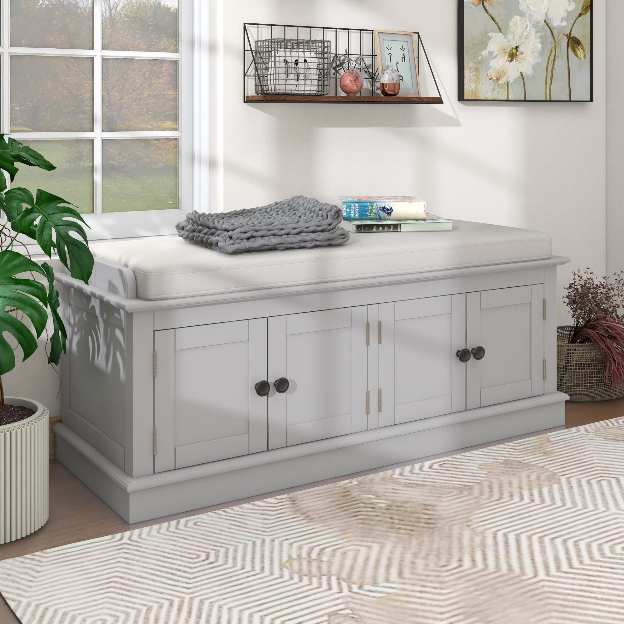 ModernLuxe WF284227AAE Storage Bench with 4 Doors and Adjustable Shelves Shoe Bench with Removable Cushion for Living Room Entryway Gray Wash