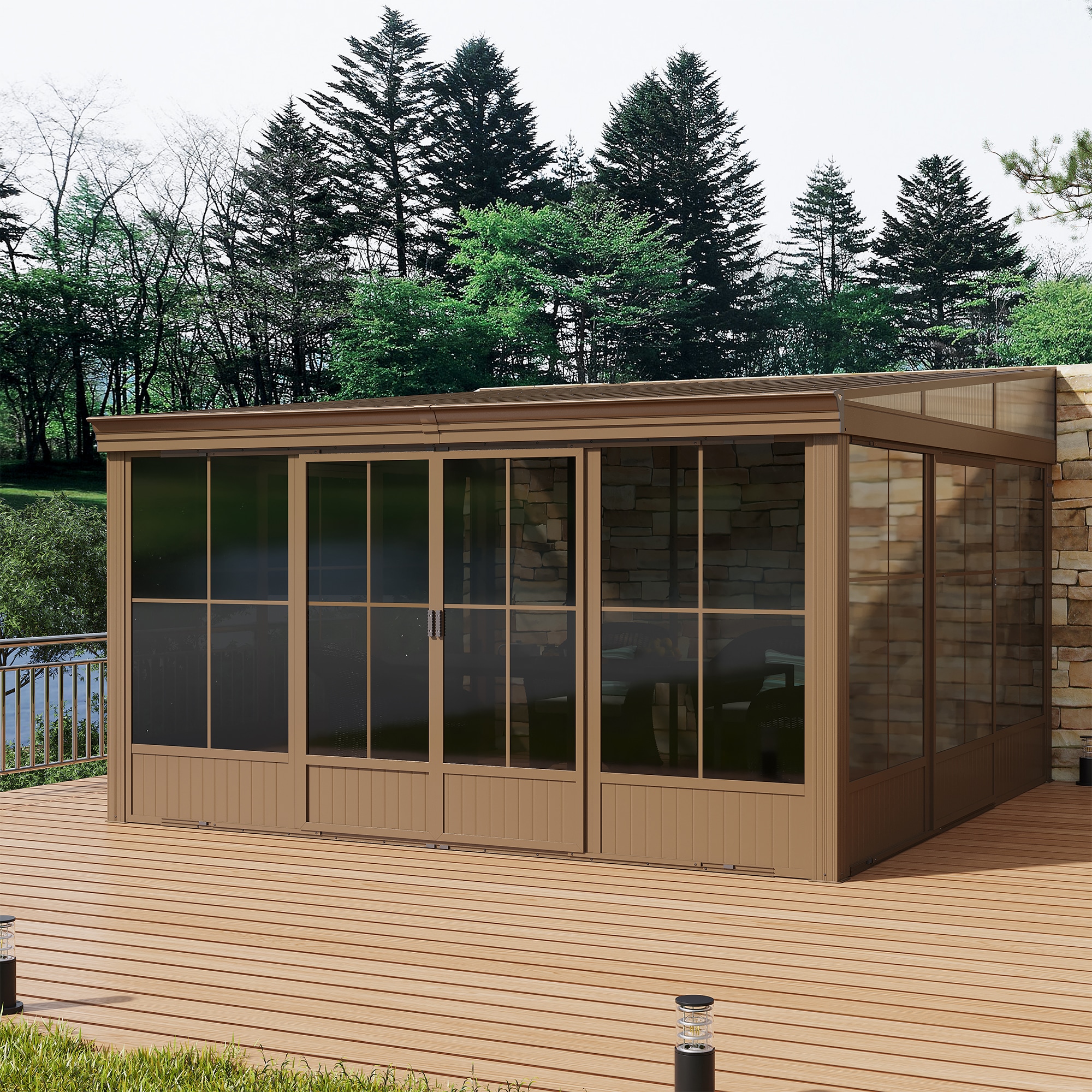 Mondawe MD-LGMF1617 14-ft x 12-ft Brown Rectangle Solarium with Hardtop Steel Roof (Screen Included)