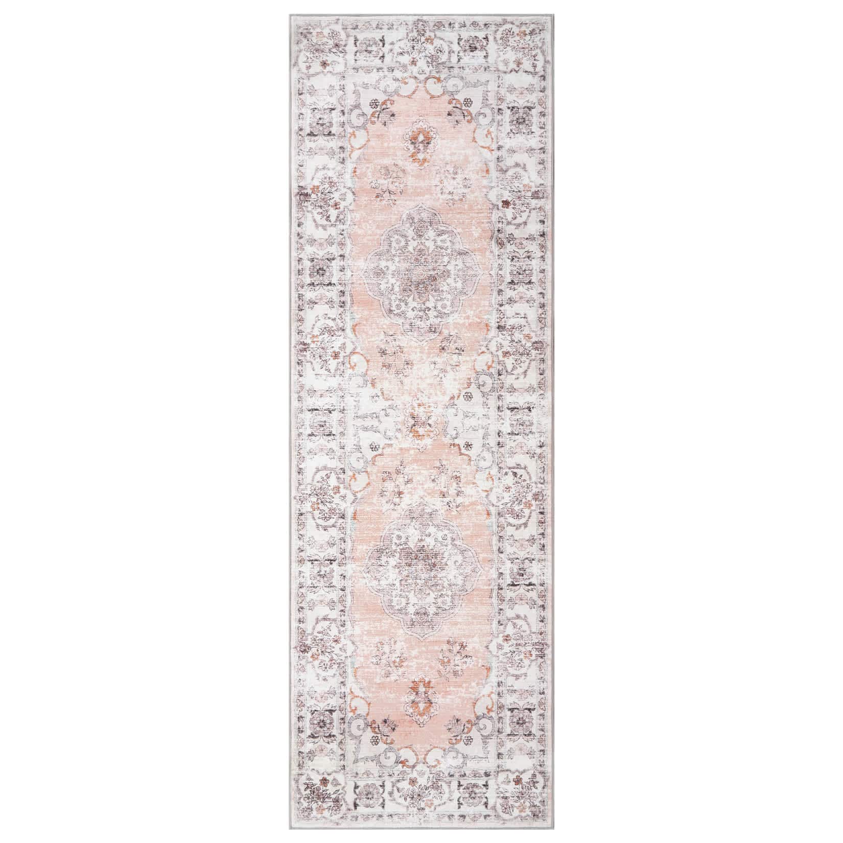 Qeetex LSN-PHO-15JZ2SM3 2 x 6 ft Polyester Imitation Cashmere Pink Rectangular Hallway Bathroom Entryway Kitchen Office Foldable Flower Printed Persian Washable Area Rug