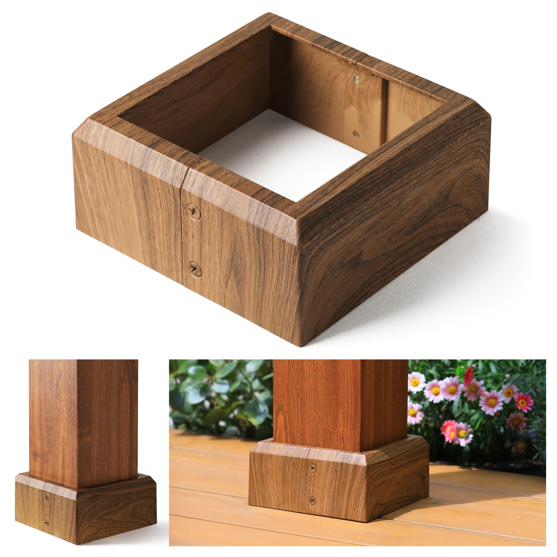 Oyezvary  2 pack aluminum deck post base cover split style metal post skirt fits 6x6 posts actual 5 5x5 5 walnut wood grain for patio porch stair
