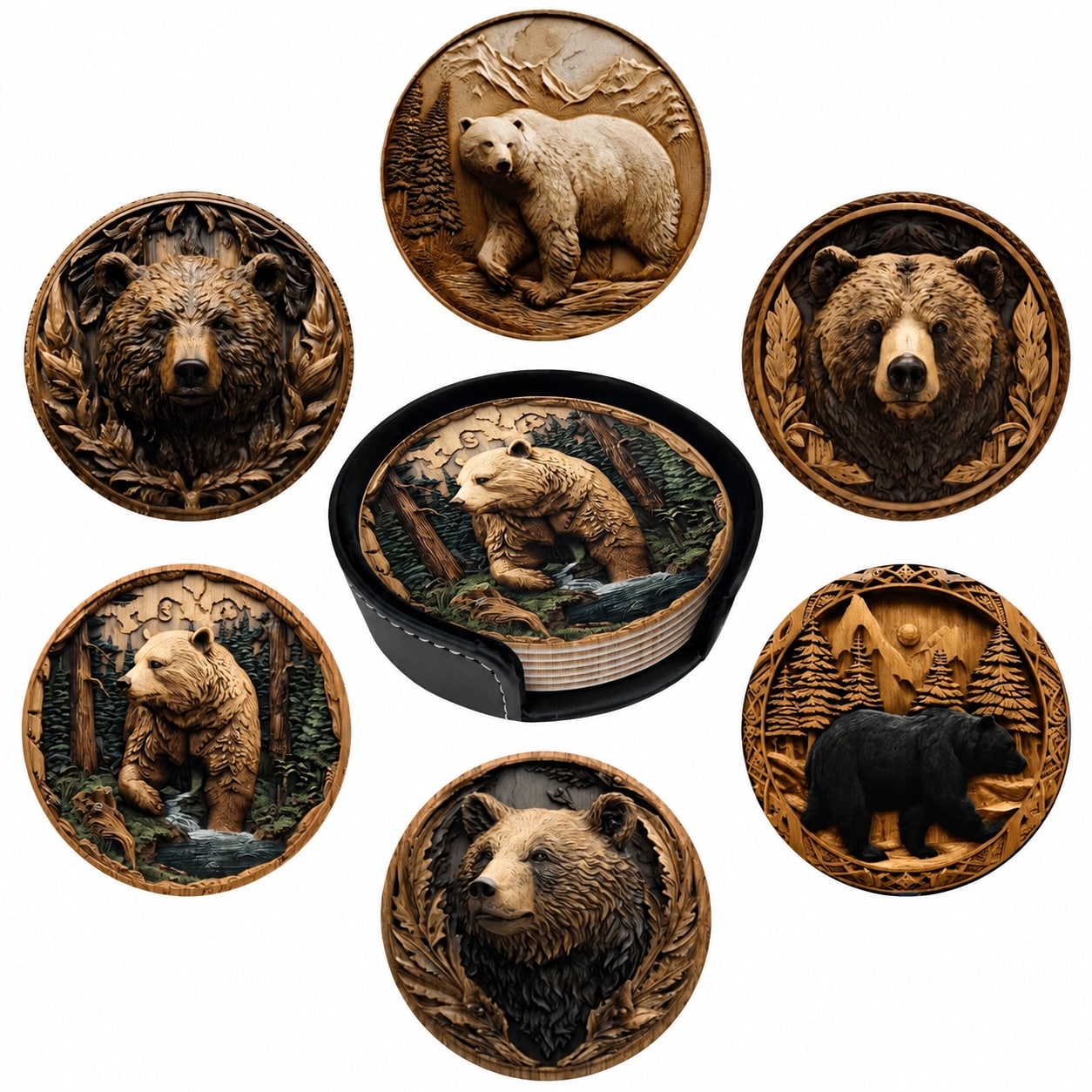 Etokfoks  Set of 6 Round Leather Coasters with Holder Non Slip Waterproof Heat Insulation for Home Kitchen Bar