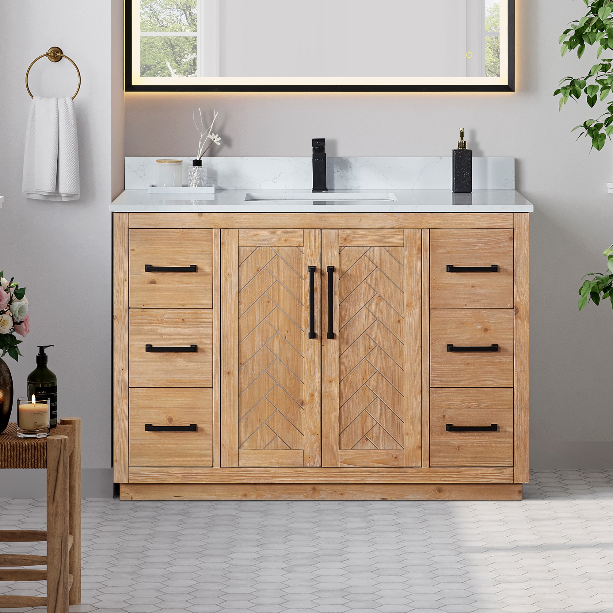 Anais Light Brown Wood Bathroom Vanity with White Stone Countertop, 48 inch