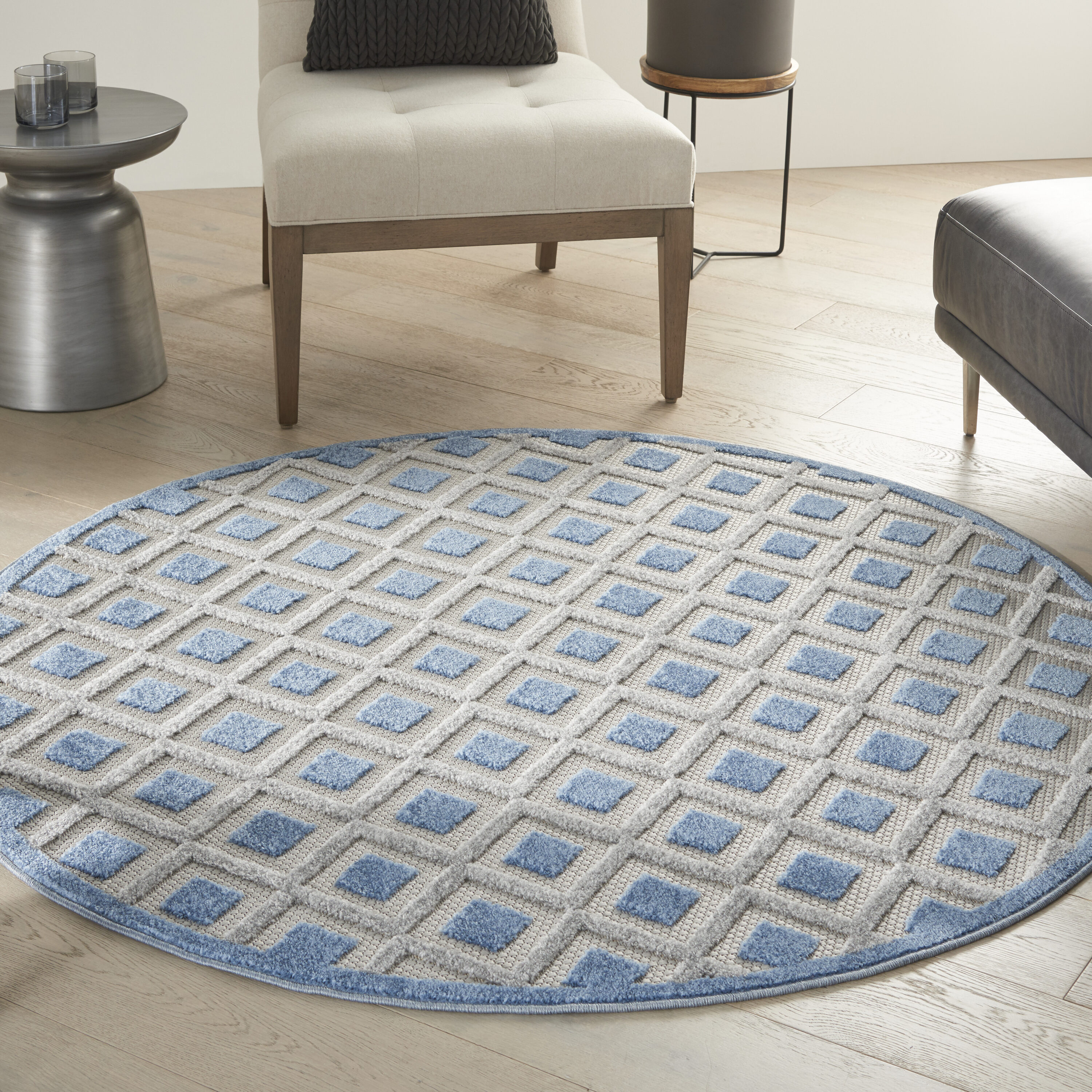Nourison 99446829214 Aloha 5 x 5 (ft) Loomed Polypropylene Blue/Grey Round Indoor/Outdoor Geometric Area rug