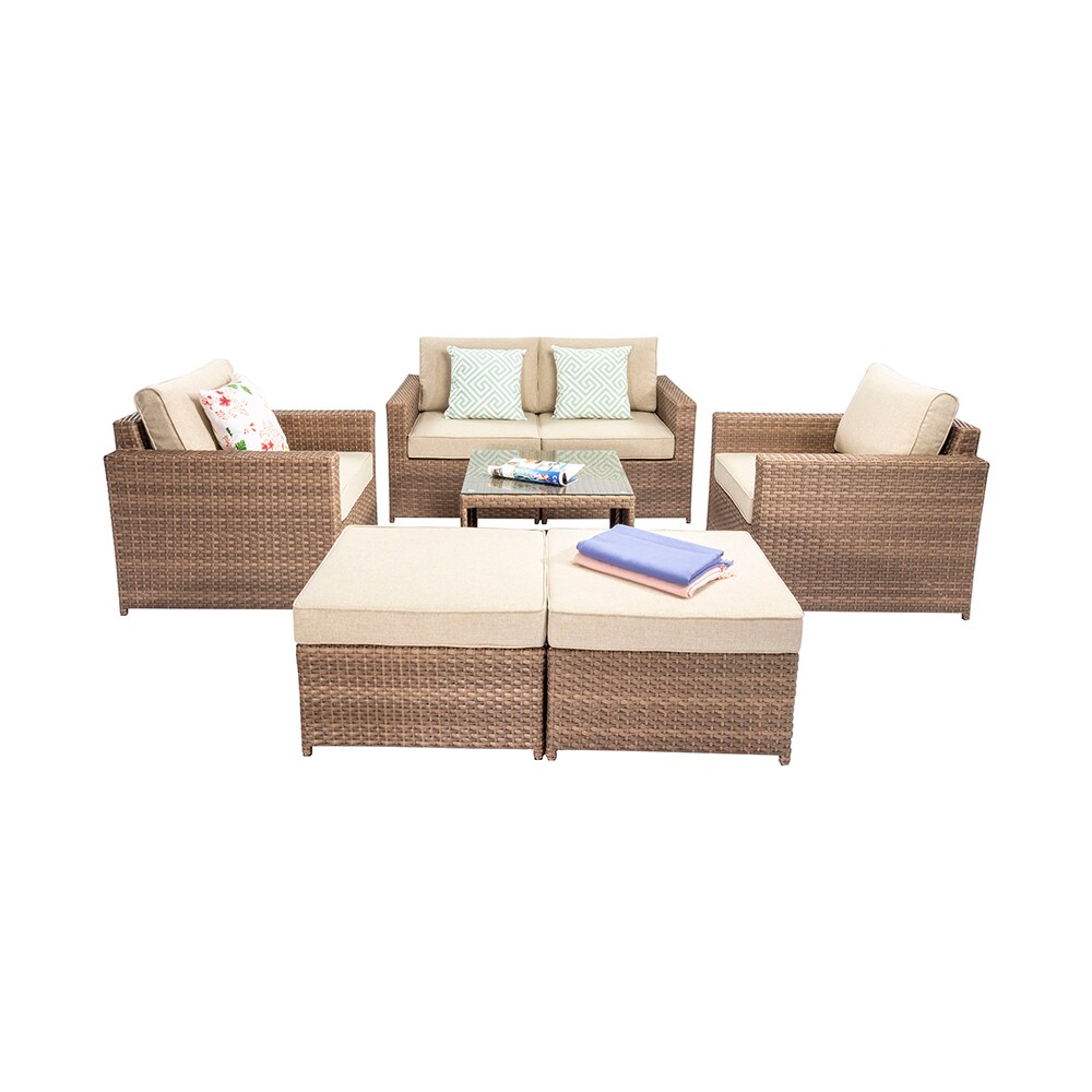 CASAINC 7-Piece Rattan Patio Conversation Set With Off-white Cushions ...