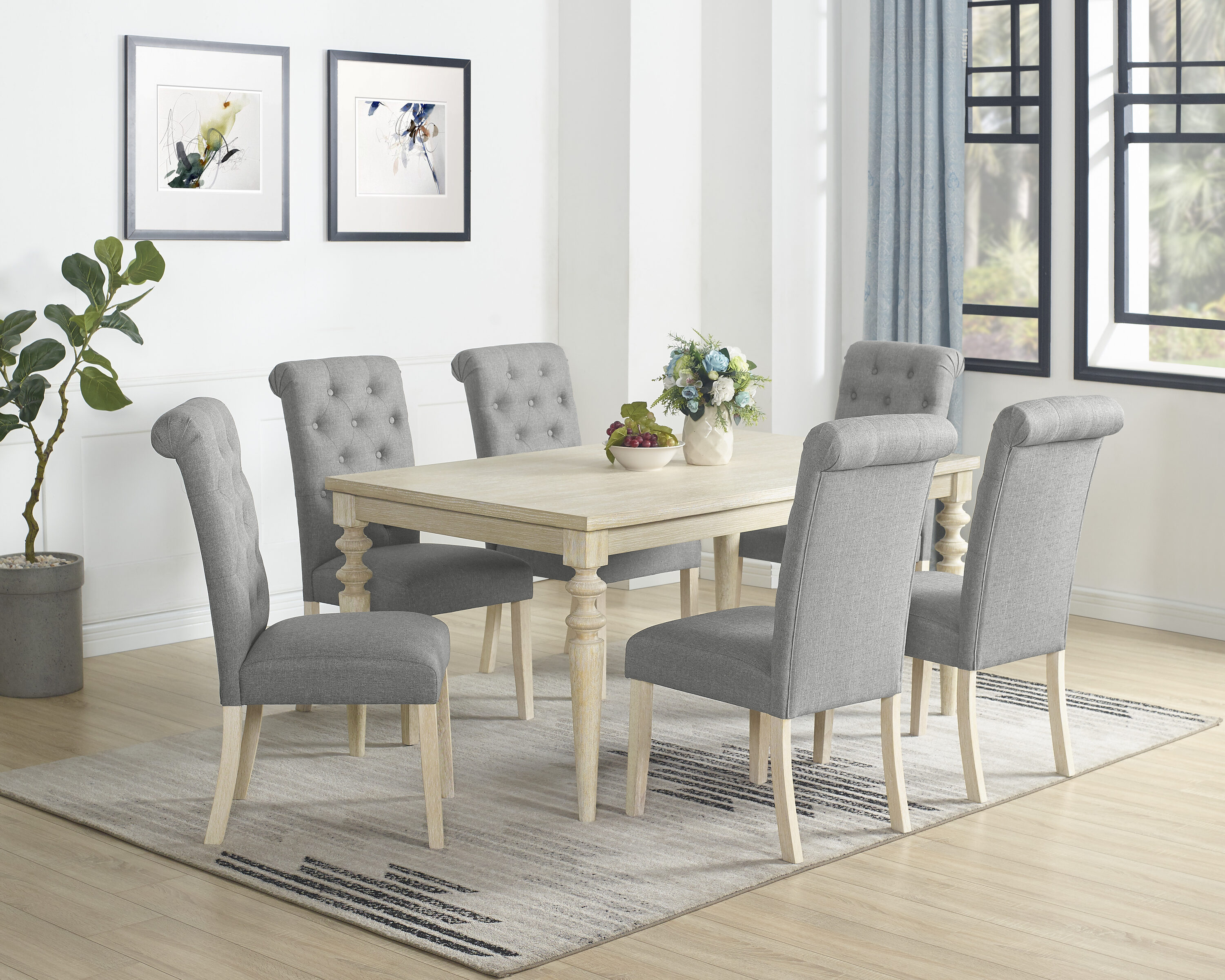 Roundhill Furniture T261-C161GYX3 Amonia 7 Grey Casual Dining Room Set with Rectangular Table ( Seats 6 )