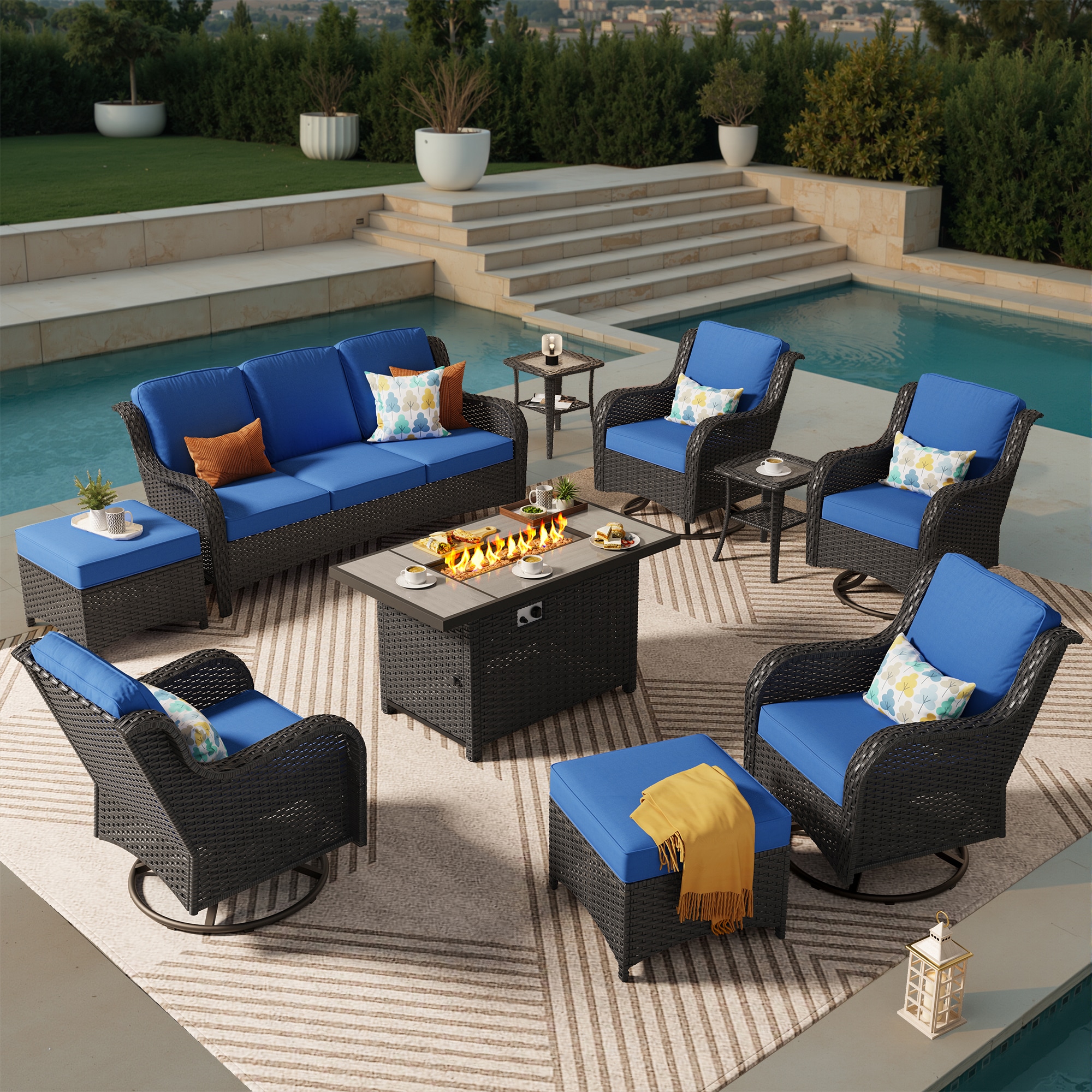 Pouuin SRFPYZNTC7-9 10 -Piece Wicker Patio Sofa Conversation Set with Navy Cushions