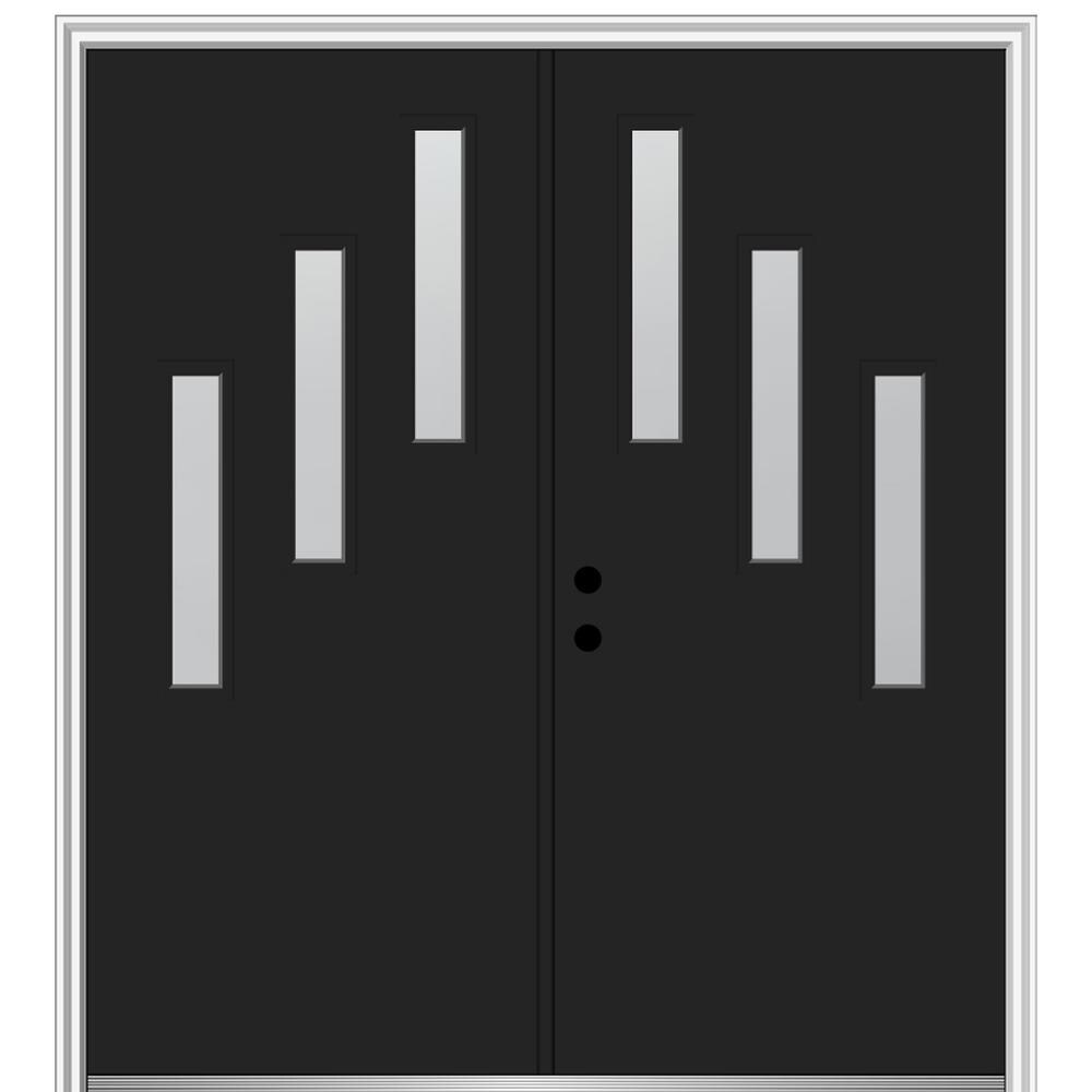 MMI DOOR ZZ350821R Spotlights 72-in x 80-in x 6-9/16-in Fiberglass Half lite Right-hand inswing Black Painted Prehung Double Front Door with Brickmould Insulating core