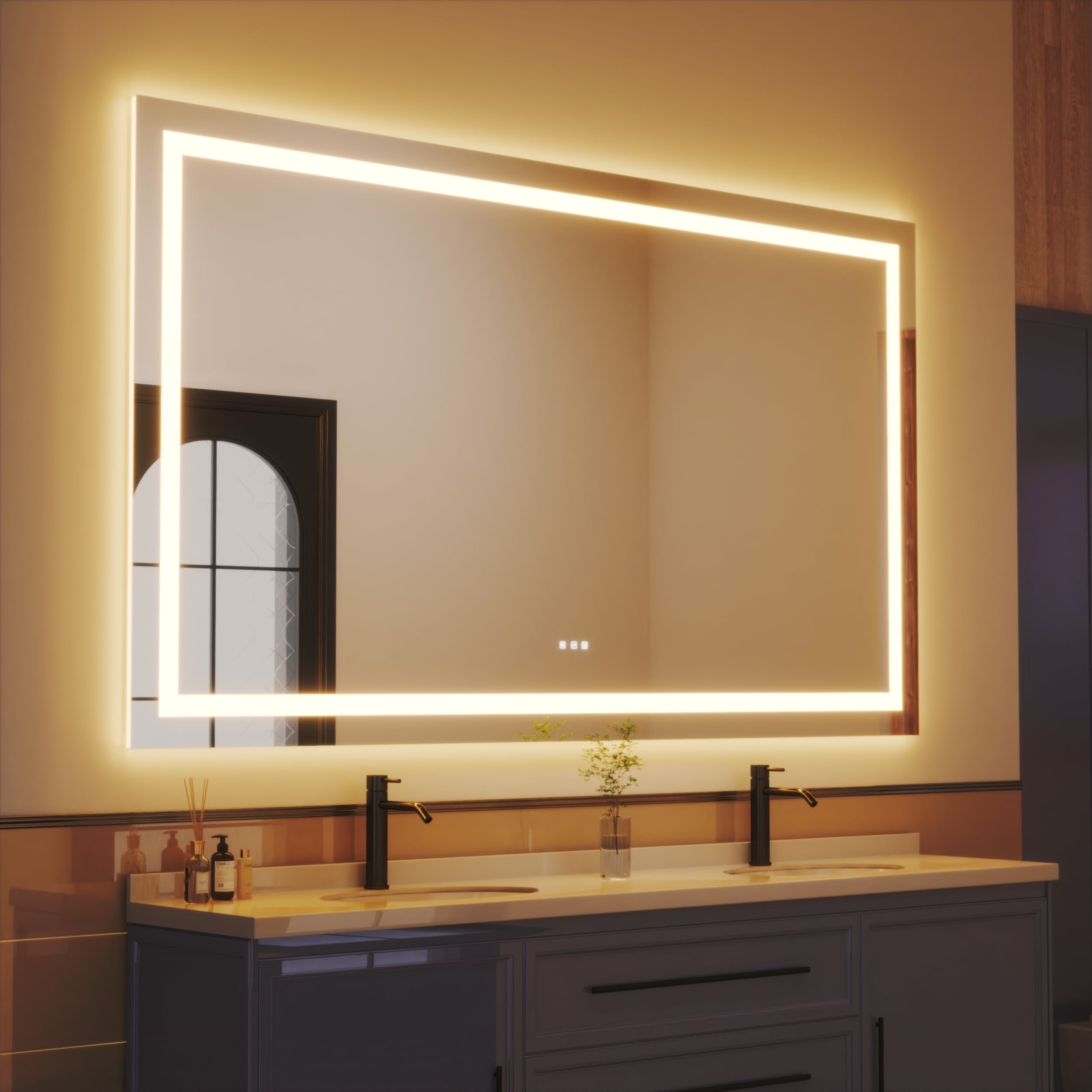 waterpar WPLO-2249 Backlit + Frontlit 80-in x 38-in Polished Frameless Rectangle Dimmable Lighted Fog Free Bathroom Vanity Mirror ( Clear )