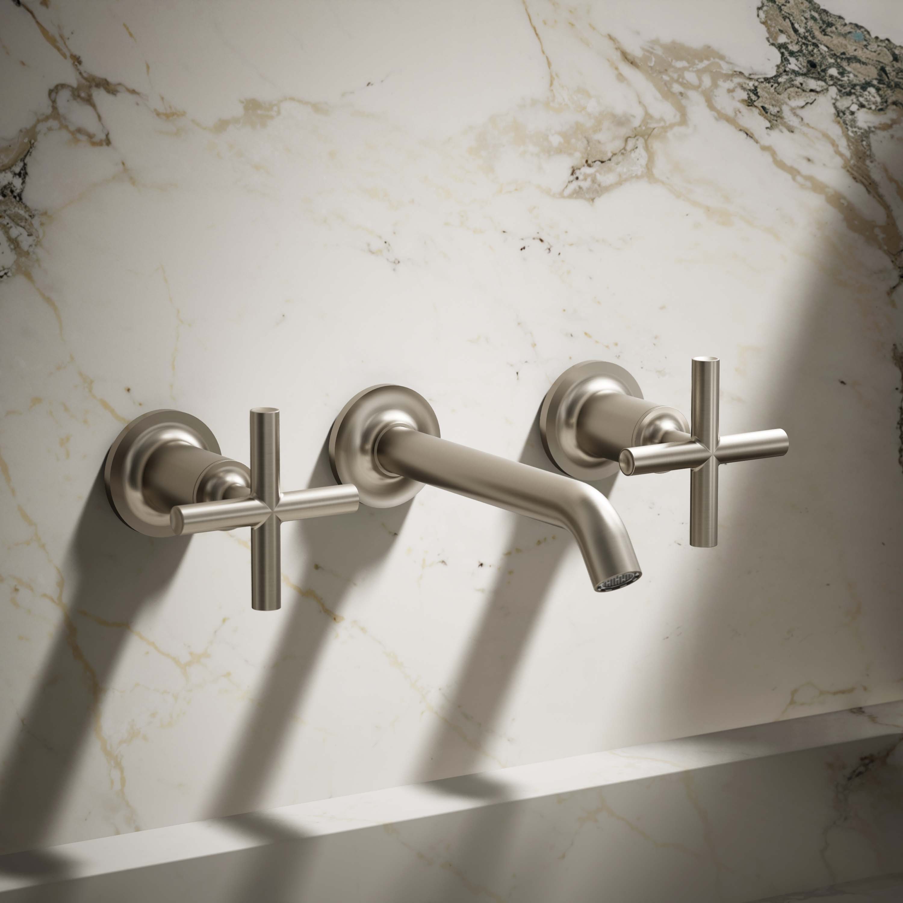 KOHLER T14413-3-BN Purist Vibrant Brushed Nickel Wall-mount 2-handle WaterSense Low-arc Commercial/Residential Handle Bathroom Sink Faucet