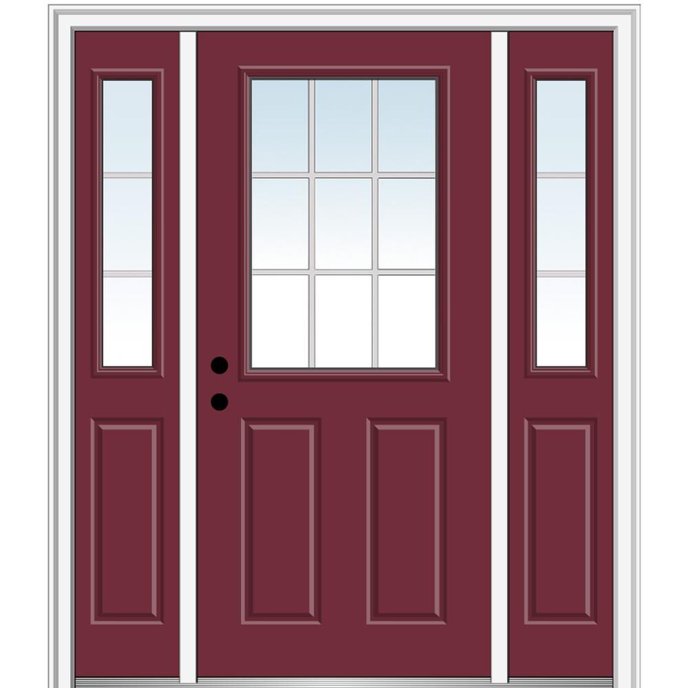 MMI DOOR ZZ05324R 60-in x 80-in x 4-9/16-in Fiberglass Half lite Right-hand inswing Burgundy Painted Prehung Front Door with Sidelights with Brickmould Insulating core with Grilles
