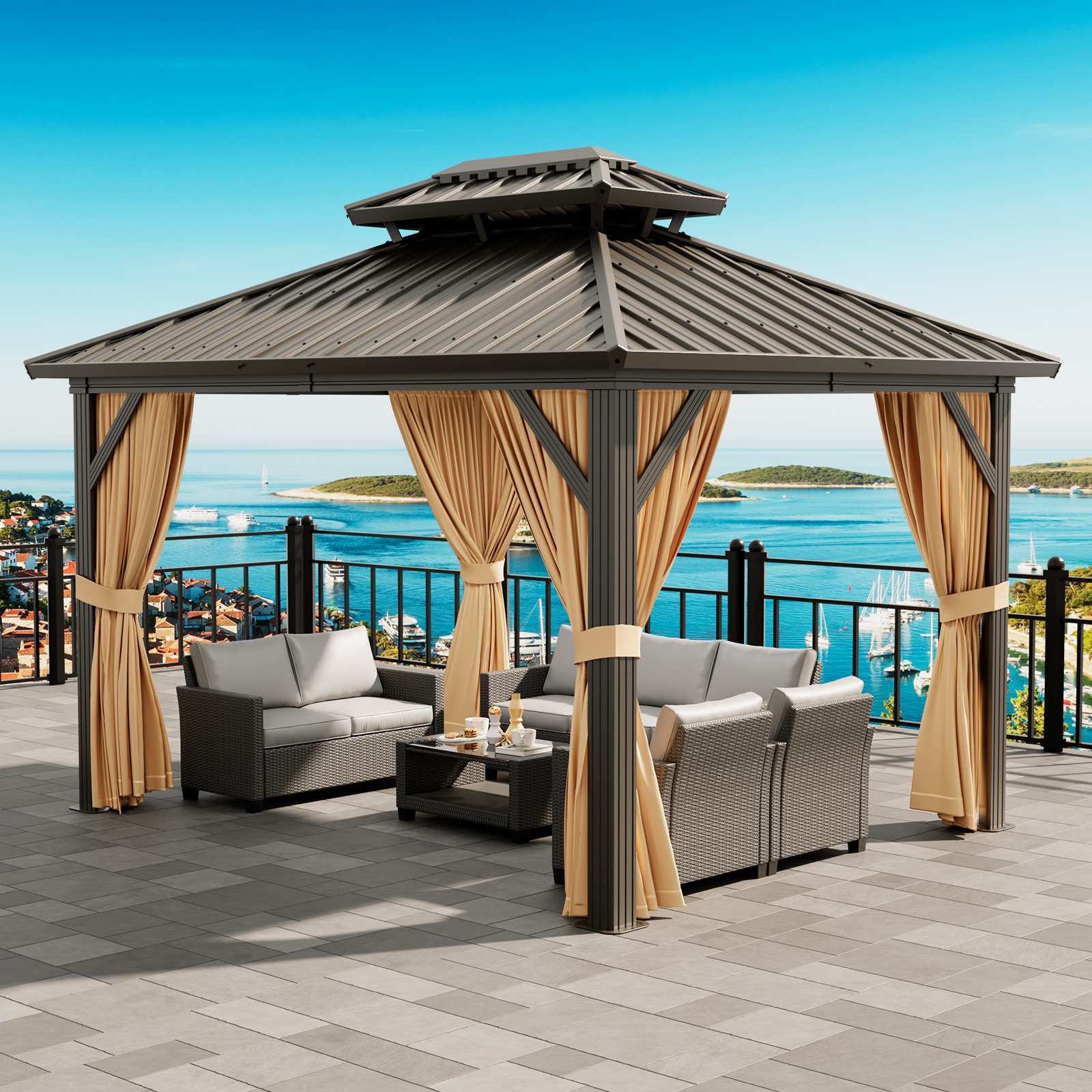 Qeetex SQY-POU-3AM45KRN Hardtop Gazebo 10 X 12 Double Roof Canopy Gazebo with Mosquito Curtain Netting Aluminum Alloy Anti UV Permanent Pavilion for Patio Backyard Lawn Coffee
