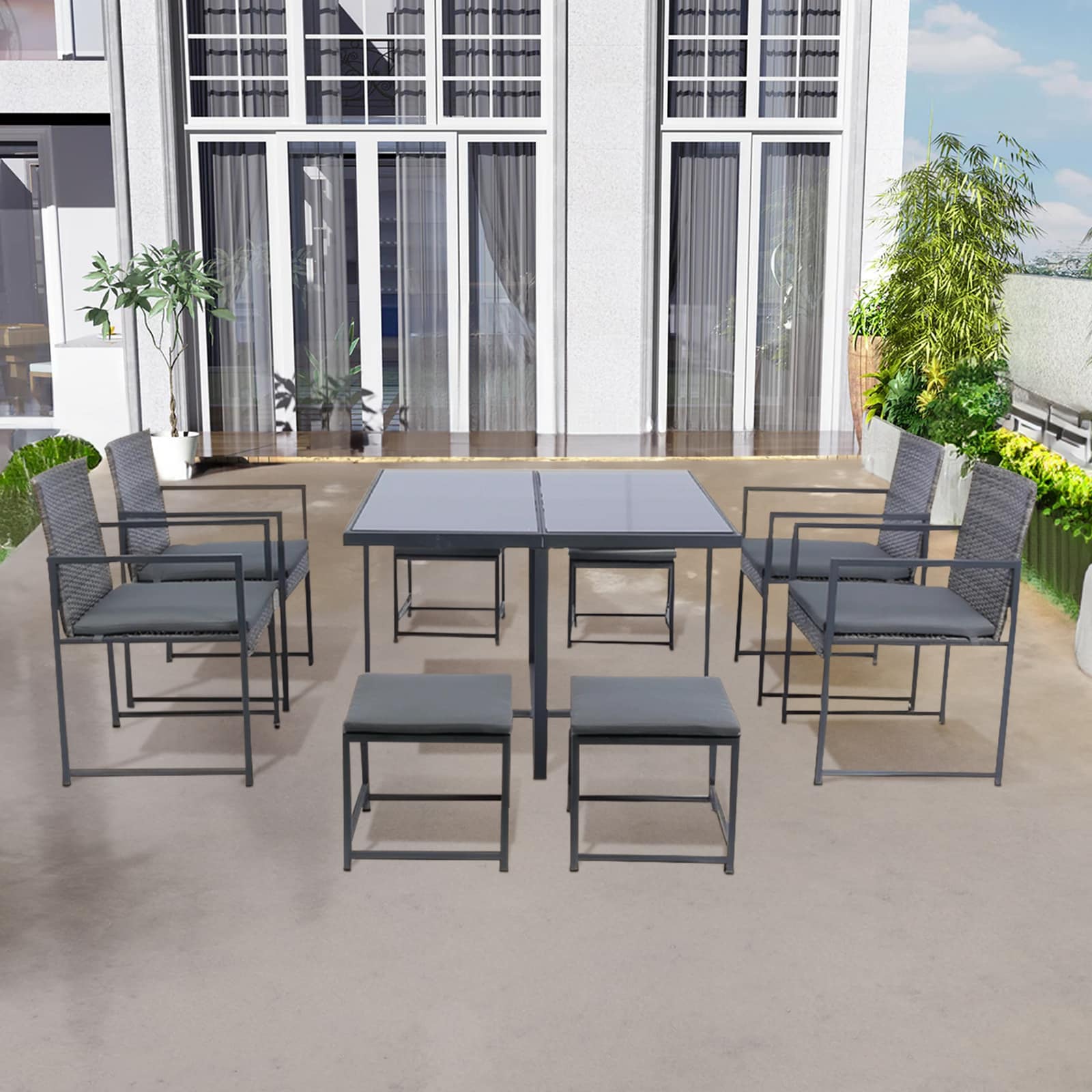 Maocao Hoom 9-Piece Black Rattan Patio Dining Set Steel Square Table ...