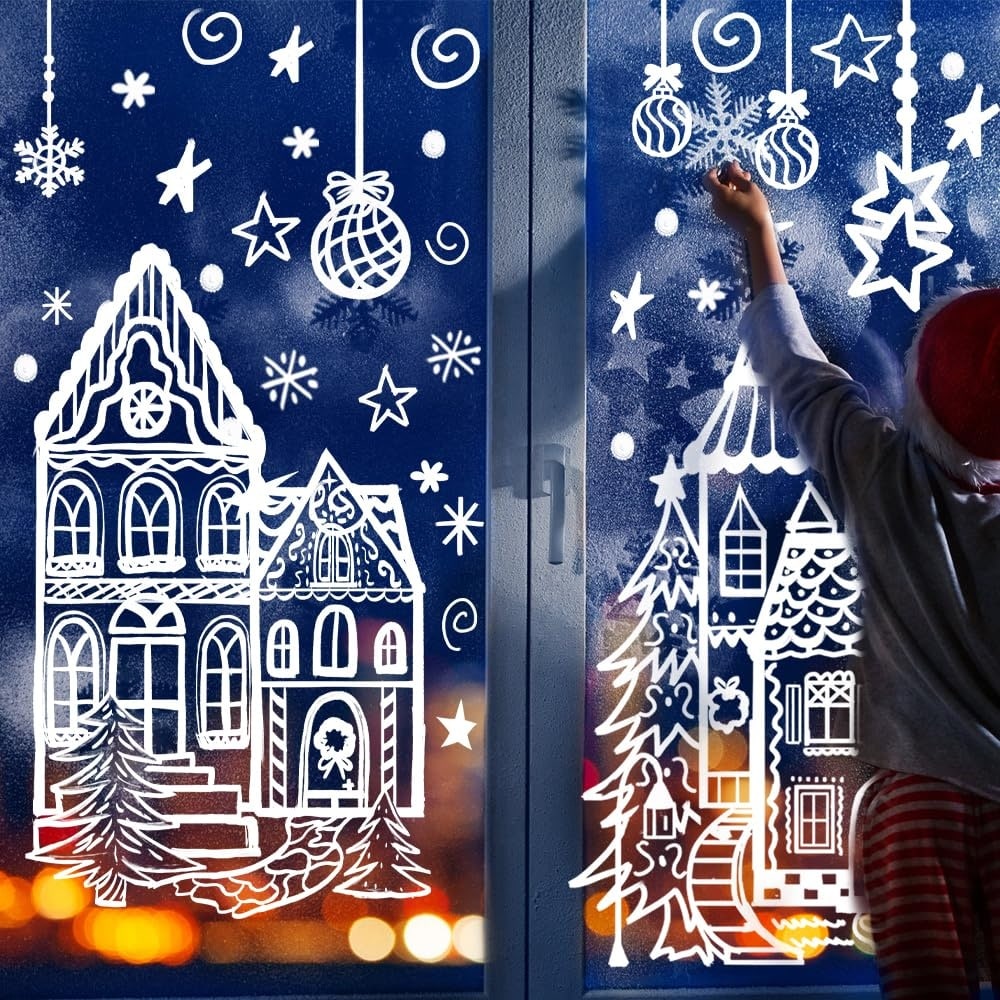 Phewnyzo Christmas Window Stickers 4 Sheet Set Large Snowman Snowflake ...