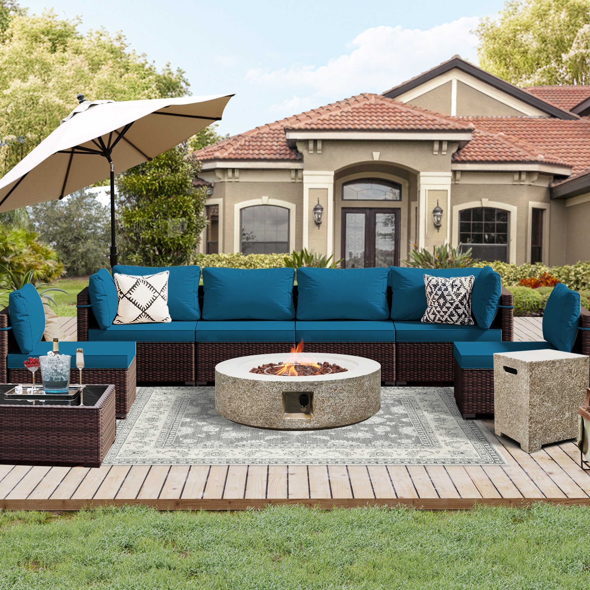 UPHA PL-2CZ-42QBE-Z2-T 8-Pieces Brown Wicker Patio Furniture Set With 42 in. Beige Gas Propane Concrete Fire Pit Table, Conversation Set with Deep Lake Blue Cushions   8 -Piece Wicker 4 Patio Sofa Conversation Set with Blue Cushions