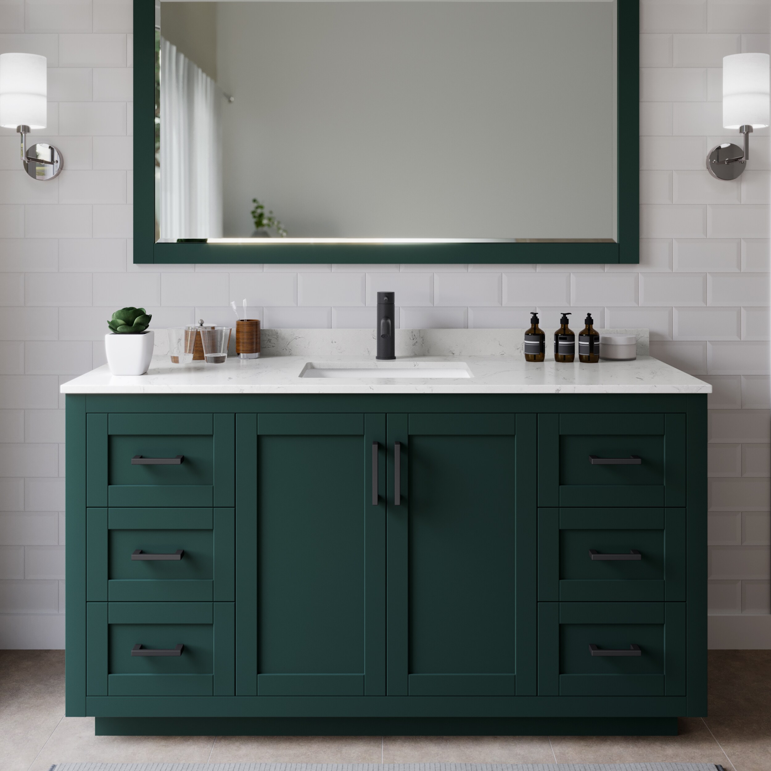Wyndham Collection WCF292960SGKC2UNSMXX Miranda 60-in Green with Matte Black Trim Undermount Single sink Bathroom Vanity with Carrara Cultured Marble Cultured marble Top