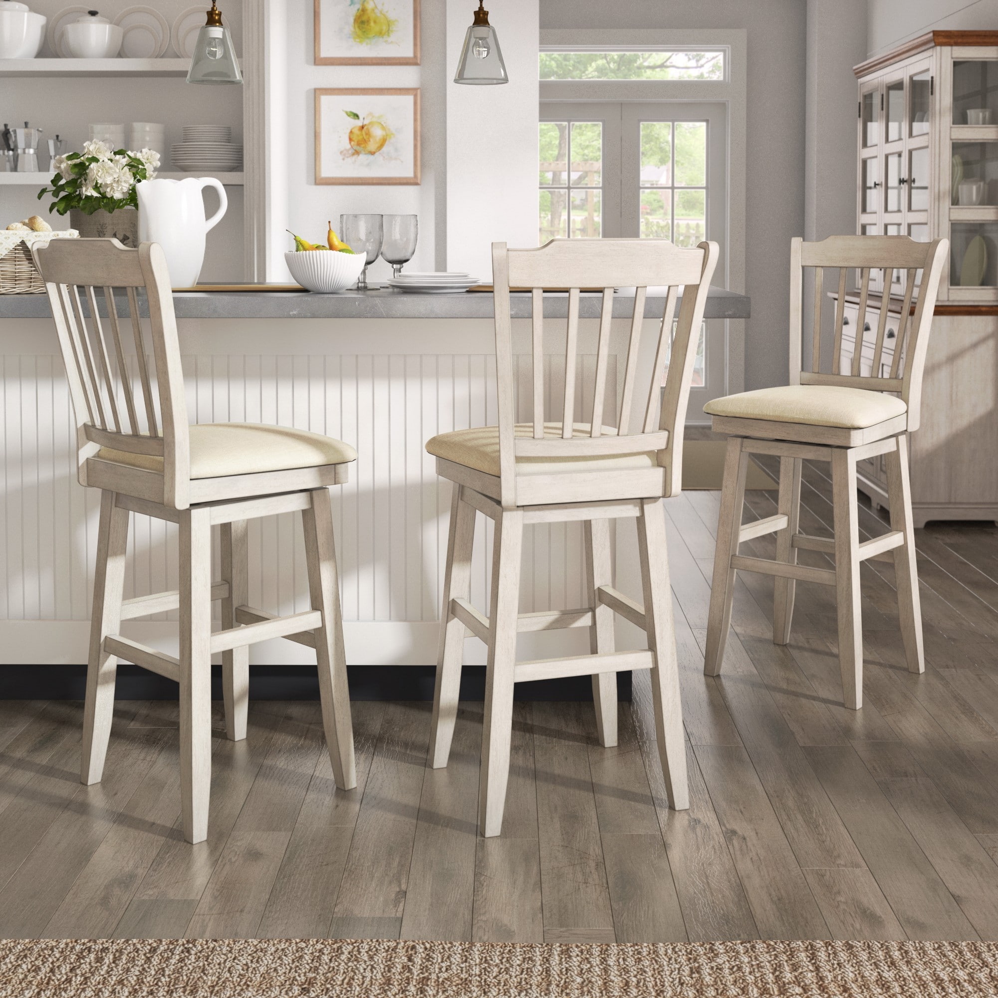 Safavieh Antique White Finish Spindle Back Swivel Chair with Beige Linen Seat