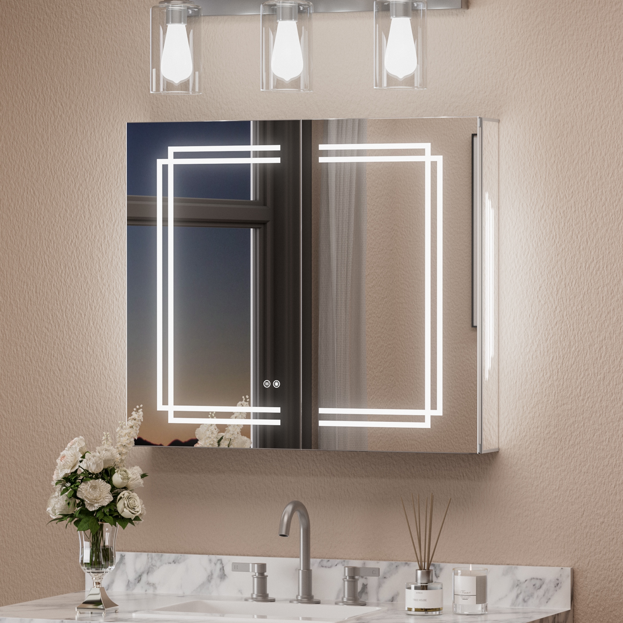 Keonjinn LW-JG-ZCG-7666SI 30-in x 26-in Lighted LED Fog Free Surface Mount Silver Mirrored Rectangle Soft Close Medicine Cabinet