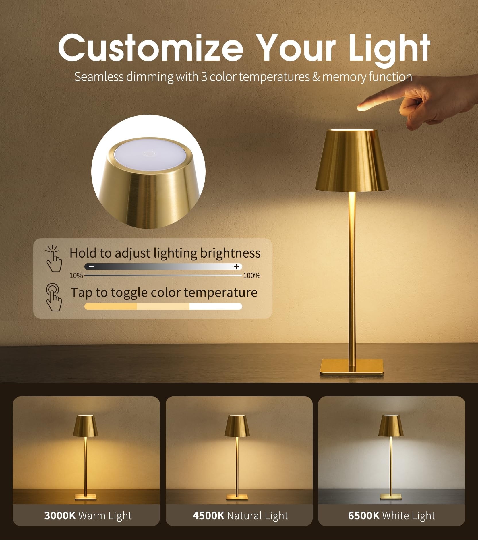 Oyezvary 6 pack cordless table lamp brushed gold portable waterproof ...