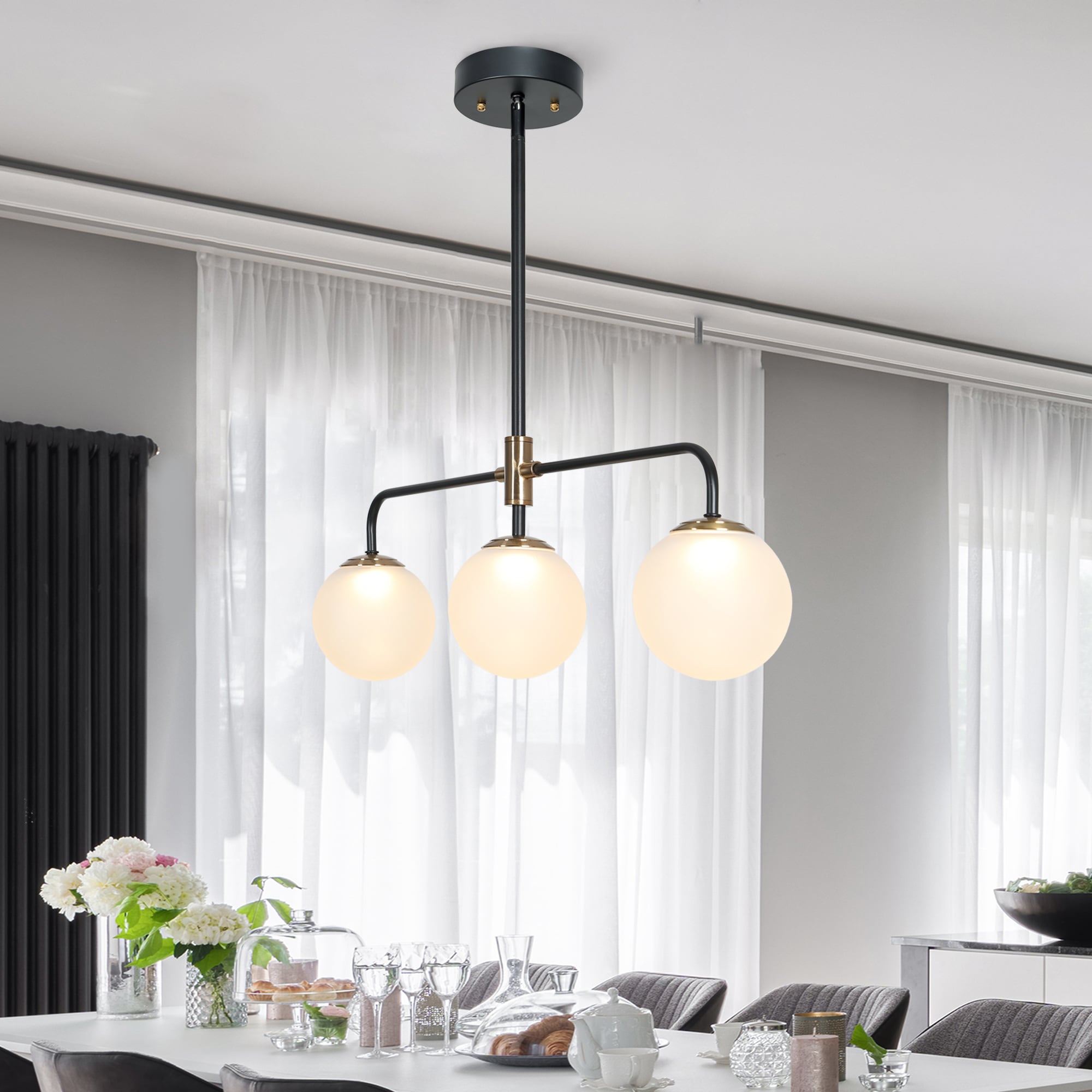 ZEVNI L33AEZEQW4420SG7 Ballike Modern 3 -Light Matte Black/Polished Gold Modern/contemporary Frosted glass Linear Integrated LED Large Hanging Kitchen island light