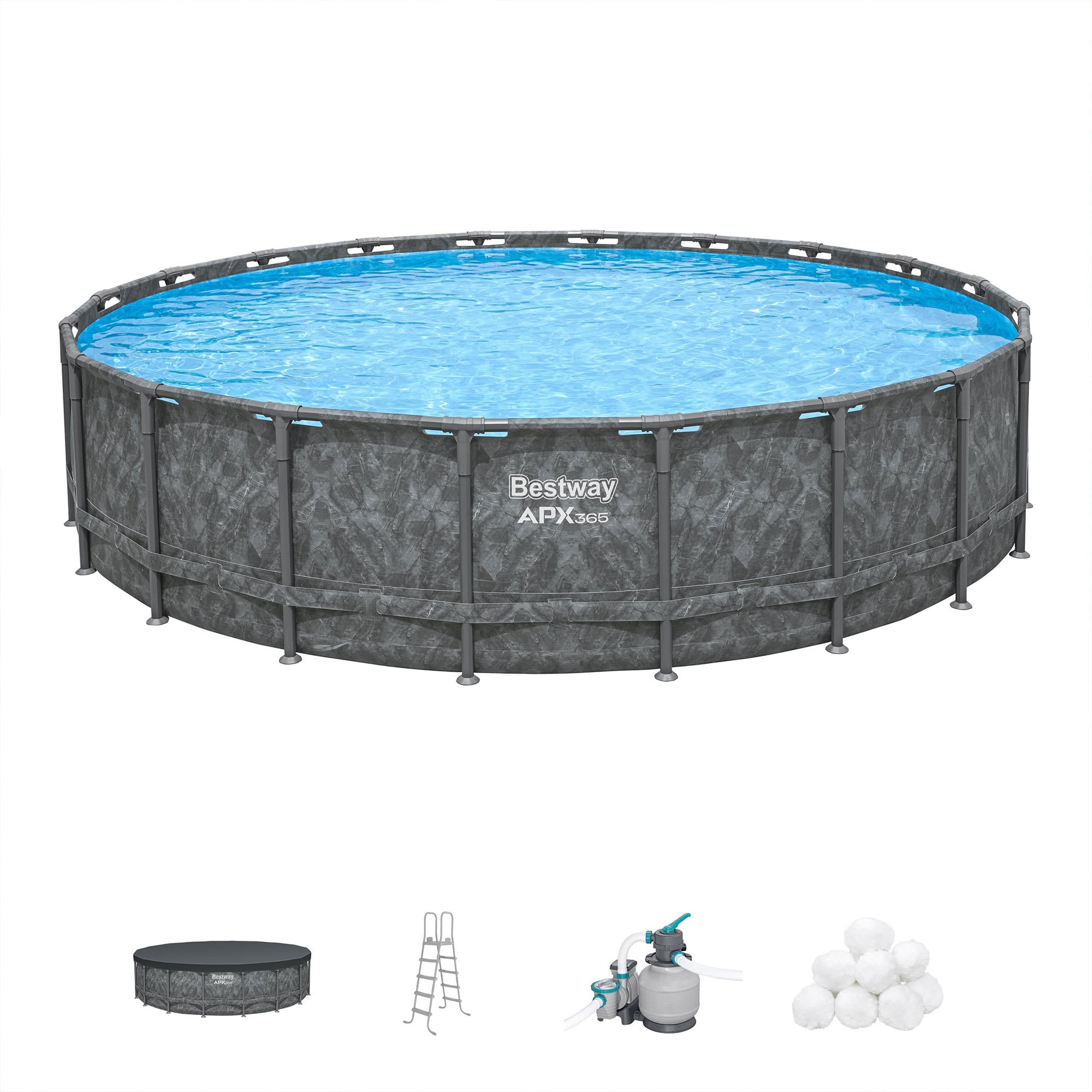 Bestway 404537 APX 365 22 ft x 52 inches Round Above Ground Swimming Pool Outdoor Backyard Framed Pool Set with Sand Filter Pump Ladder and Cover Dark Marble