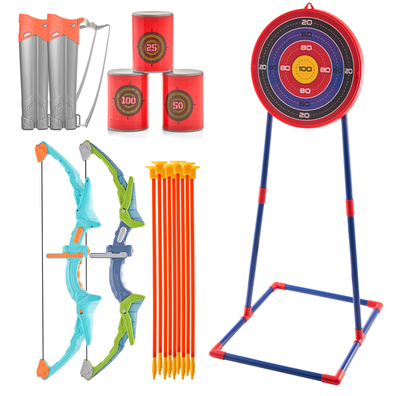 VEVOR SCETGJTZDBTZ06506V9 Bow and Arrow Set for Kids  2 Pack LED Light Up Archery Set with 20 Suction Cup Arrows  Standing Target  2 Quivers  3 Target Cans  Outdoor Toy Birthday Gift for Boys and Girls 6 7 8 9 10+ Year Old