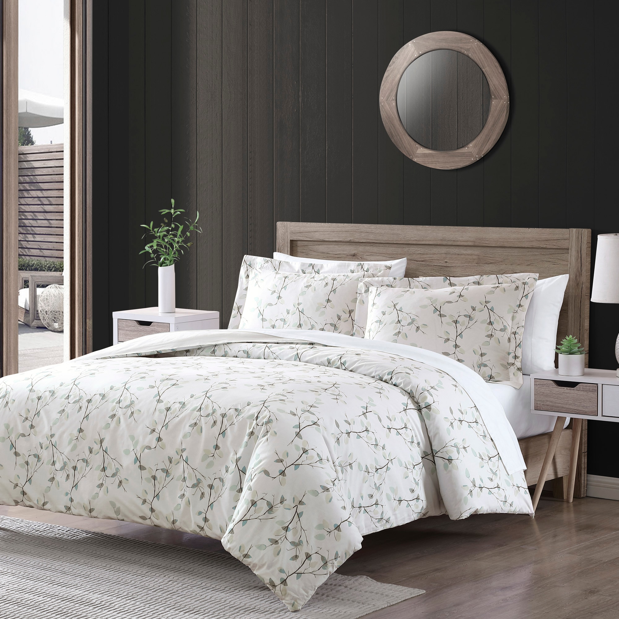 Everly Green 3 Piece Reversible Watercolor Floral Print Duvet Cover Set